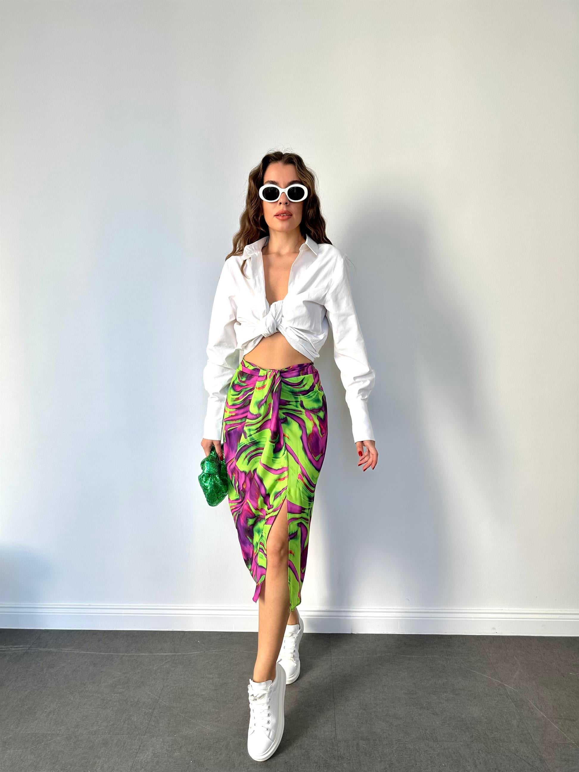 Neon Yeşil  Desenli Midi Etek