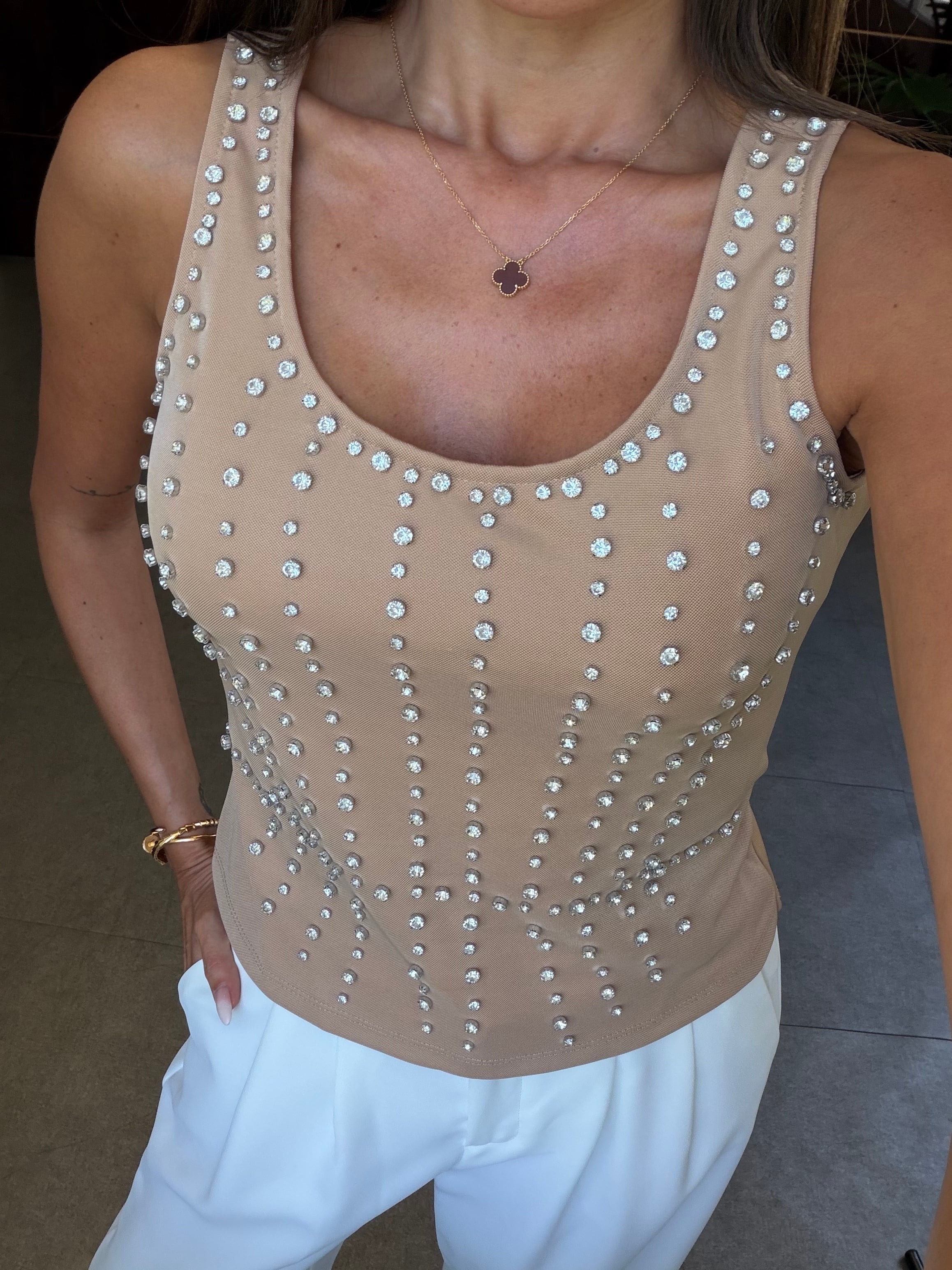 Nude Taş İşlemeli Kalın Askılı Bluz
