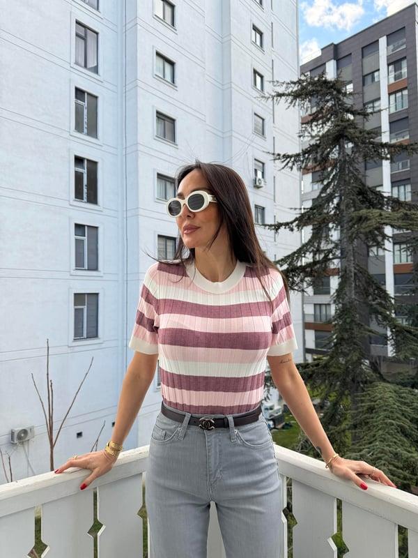 Pembe Bisiklet Yaka Çizgili Yumuşak Dokulu Triko Bluz