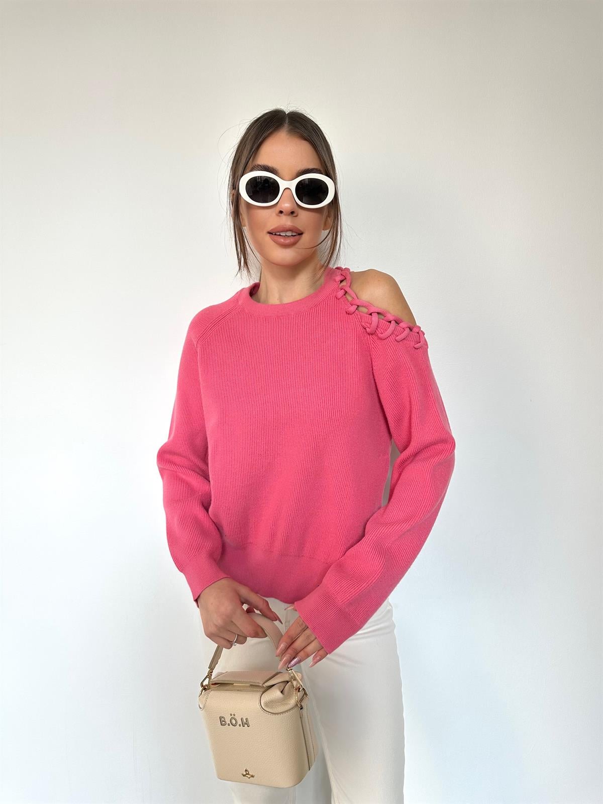 Pembe Bisiklet Yaka Sol Omzu Açık Kazak