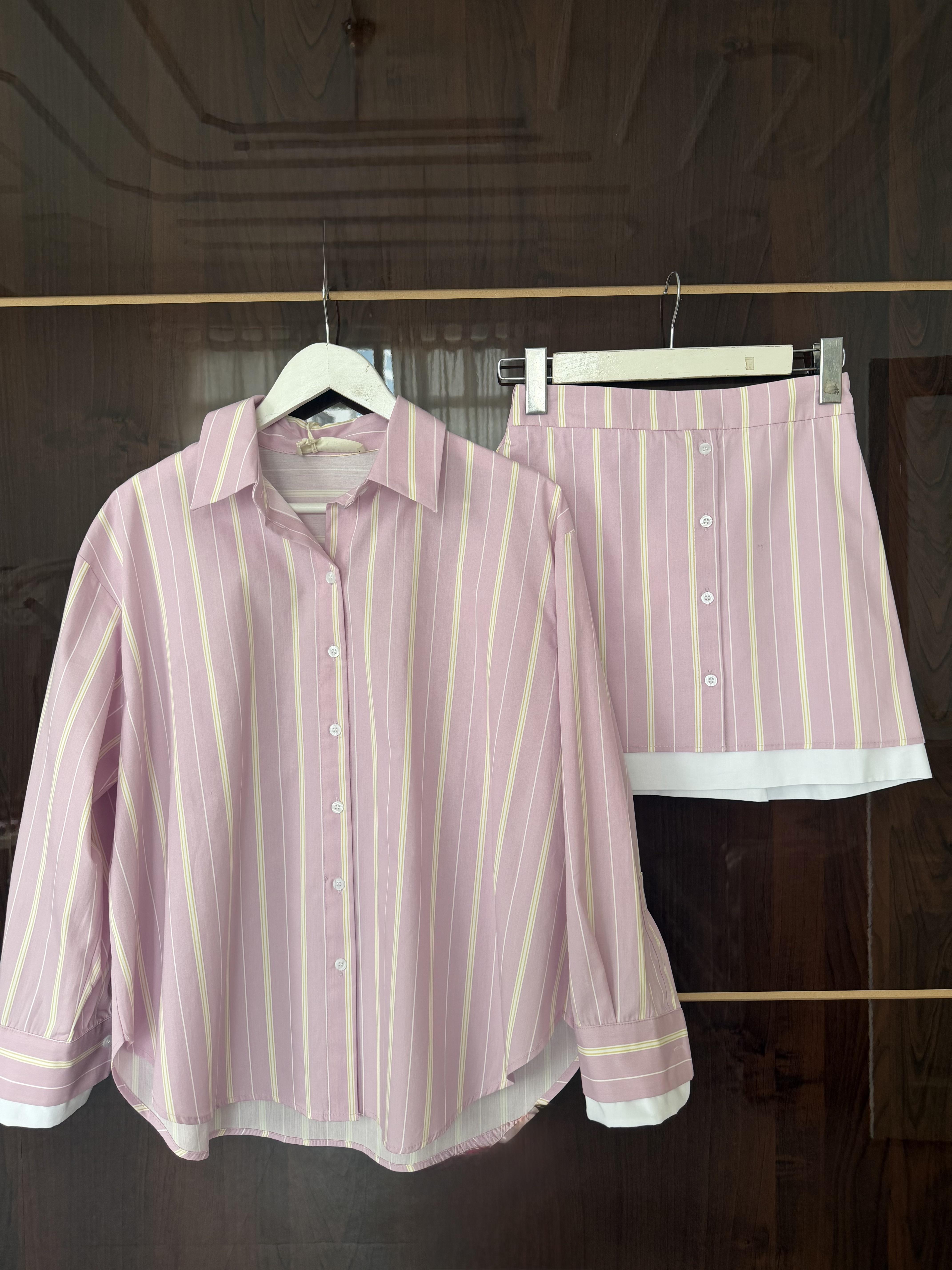 Pembe Garnili Çizgili Etek Takım