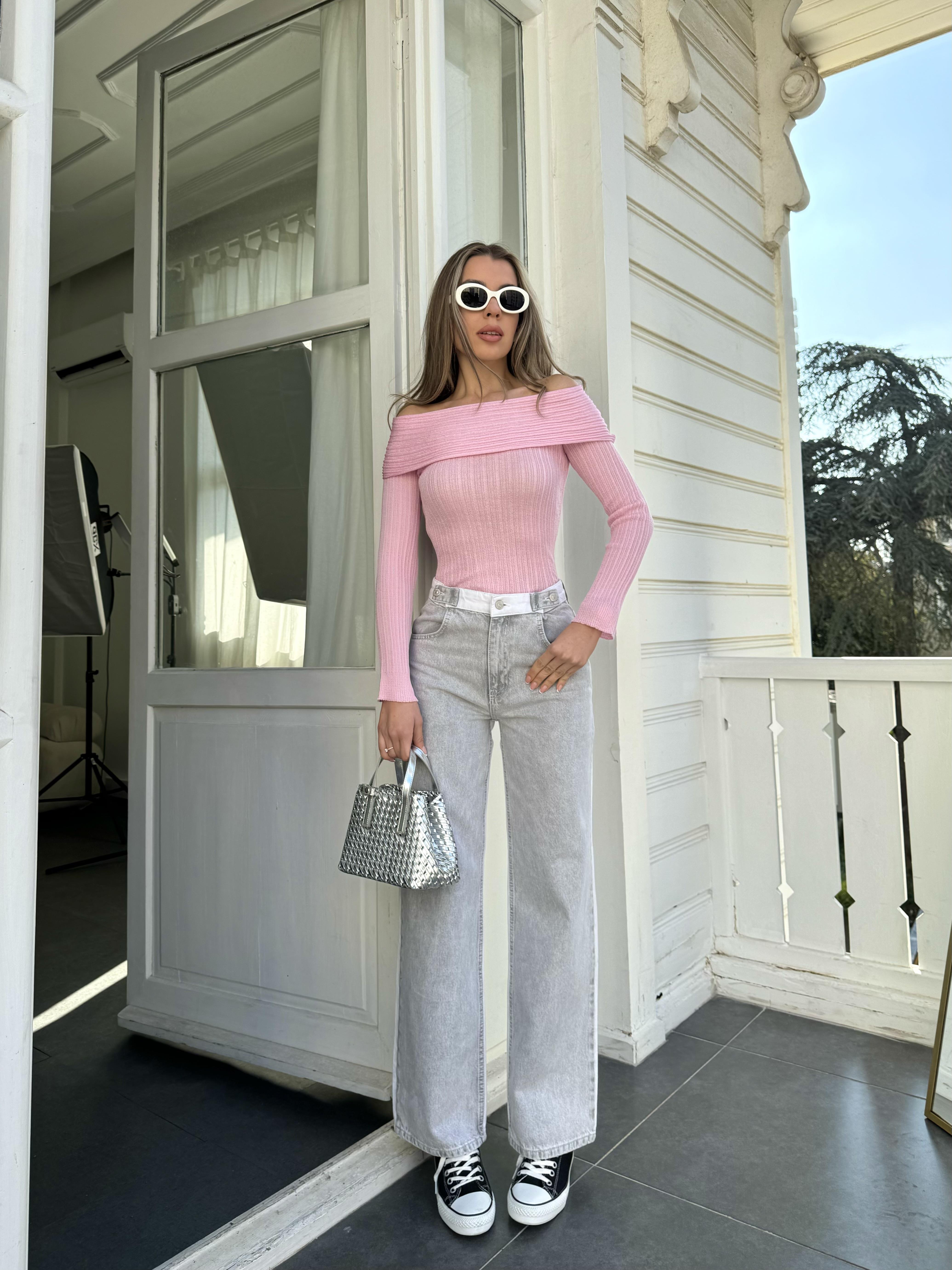 Pembe İnce Doku Kayık Yaya Triko