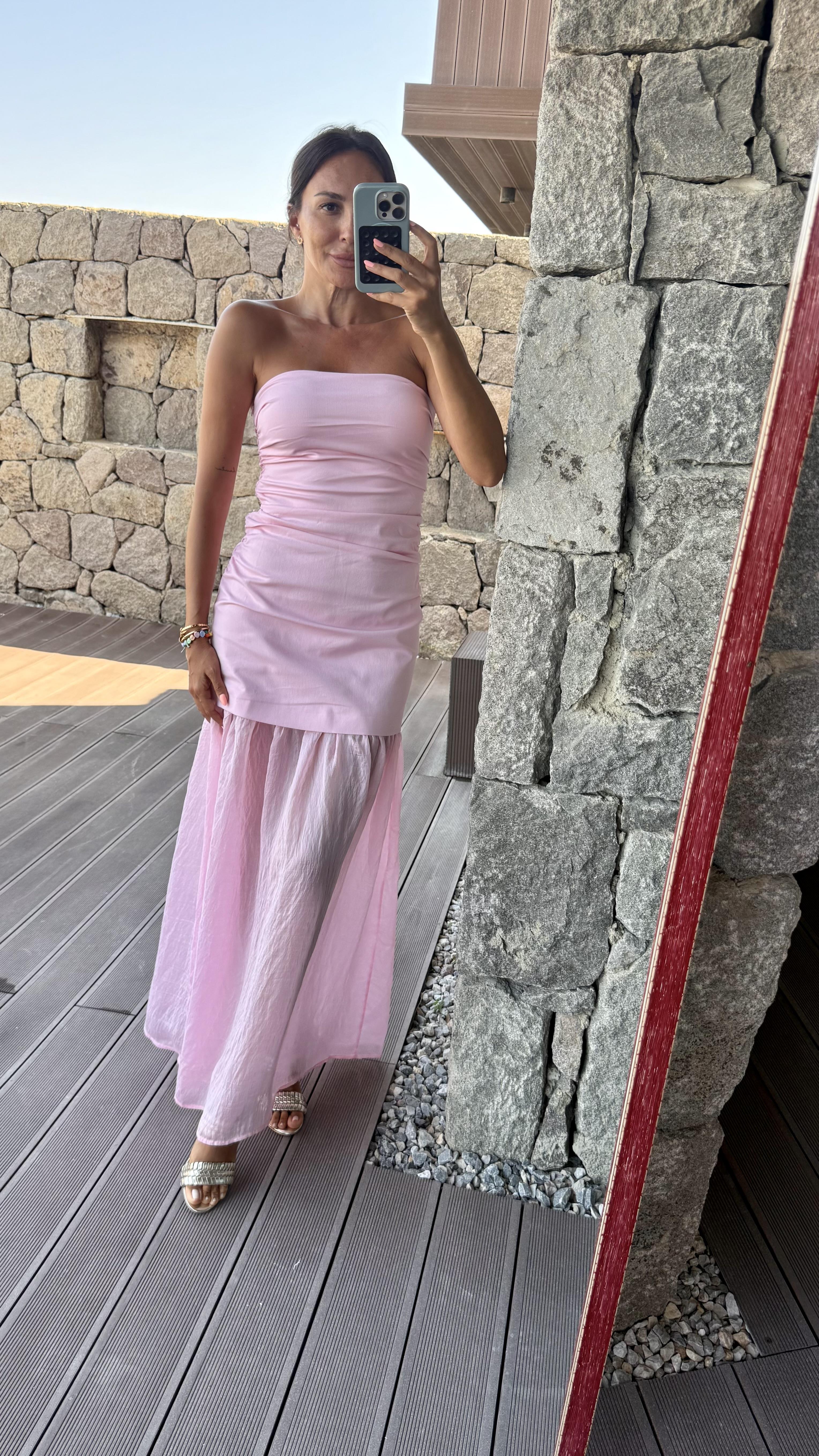 Pembe Midi Straplez Elbise