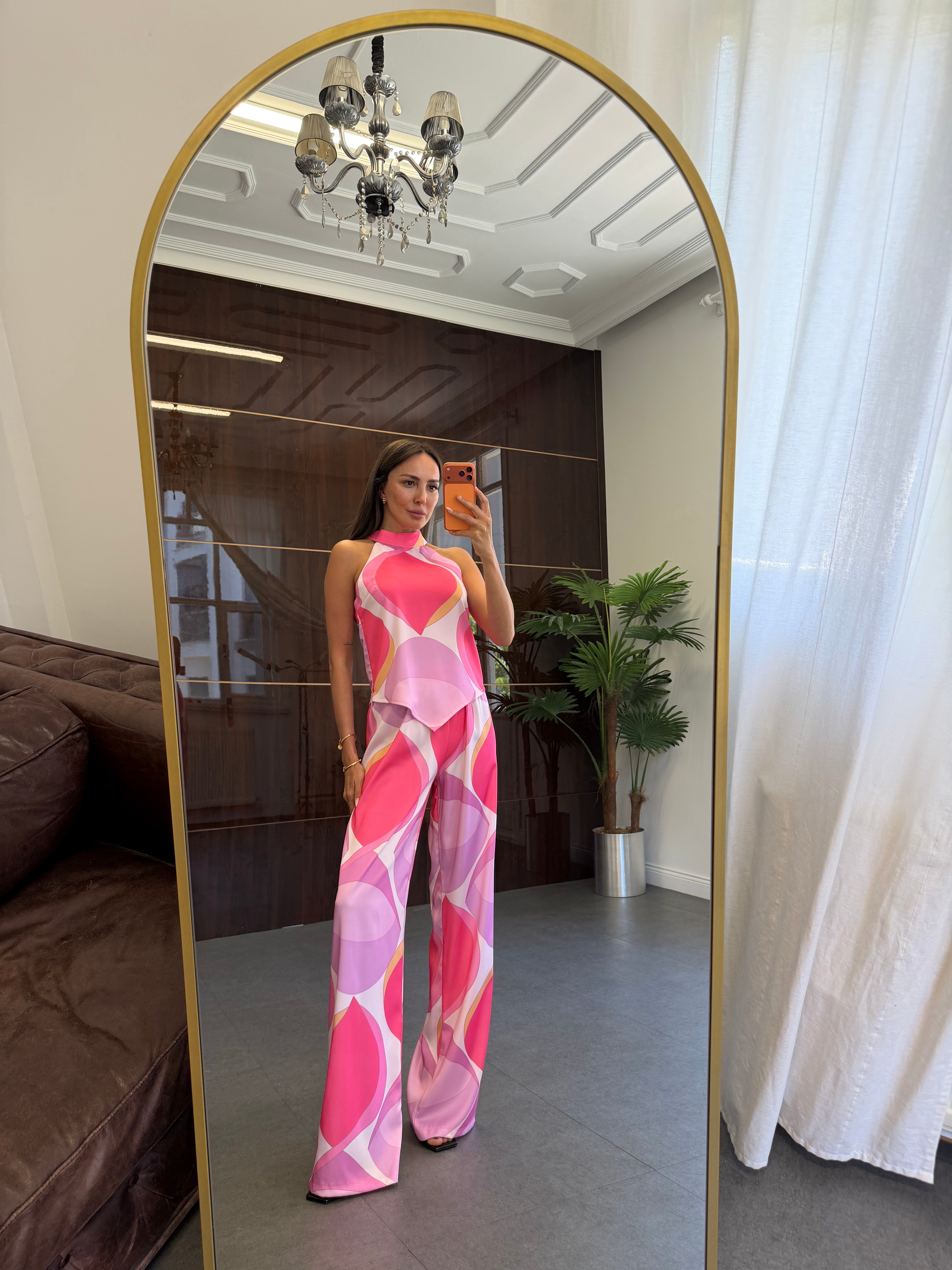 Pembe Saten Damla Desen Takım
