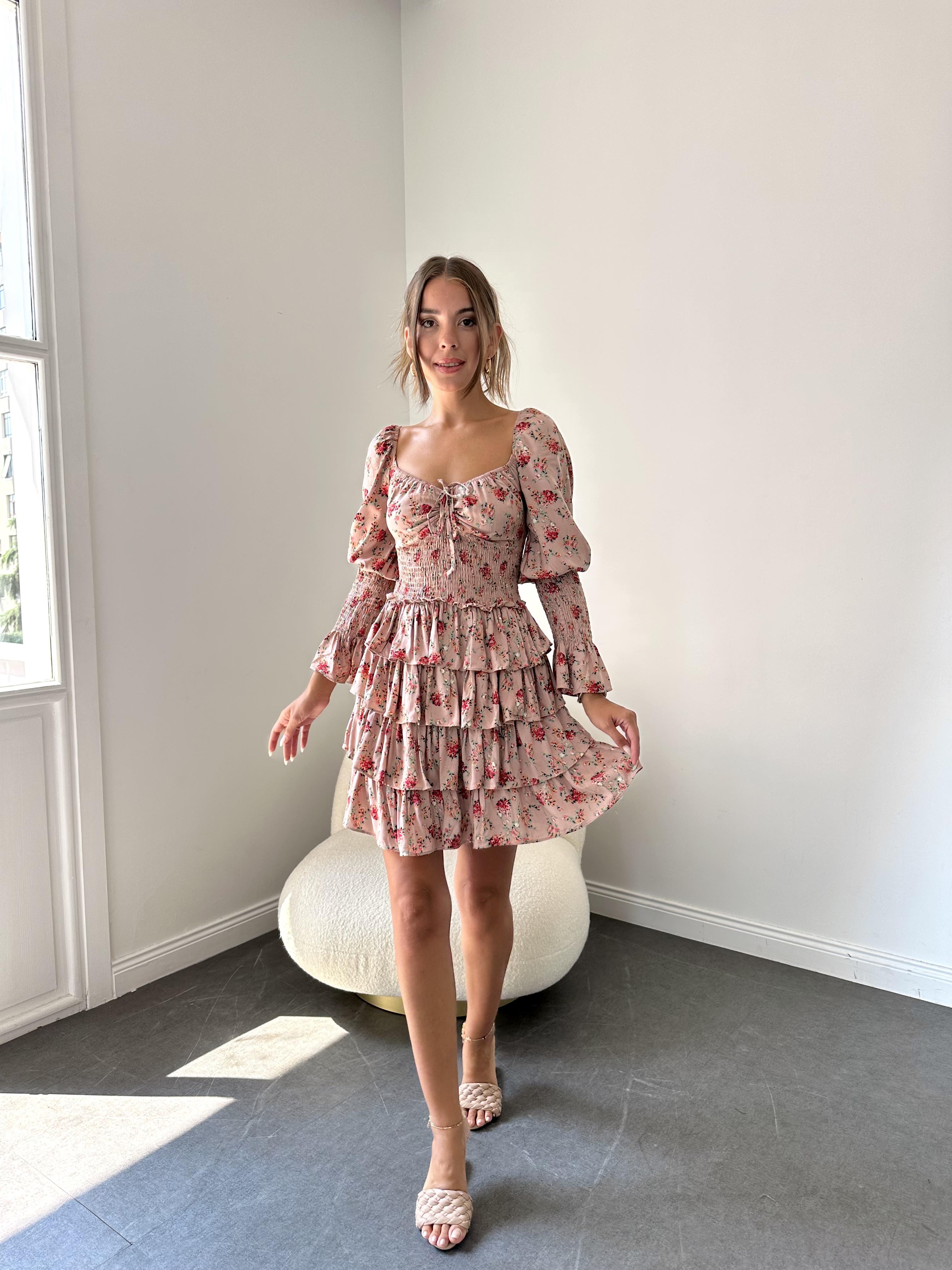 Pudra Çıtır Desen Katlı Elbise