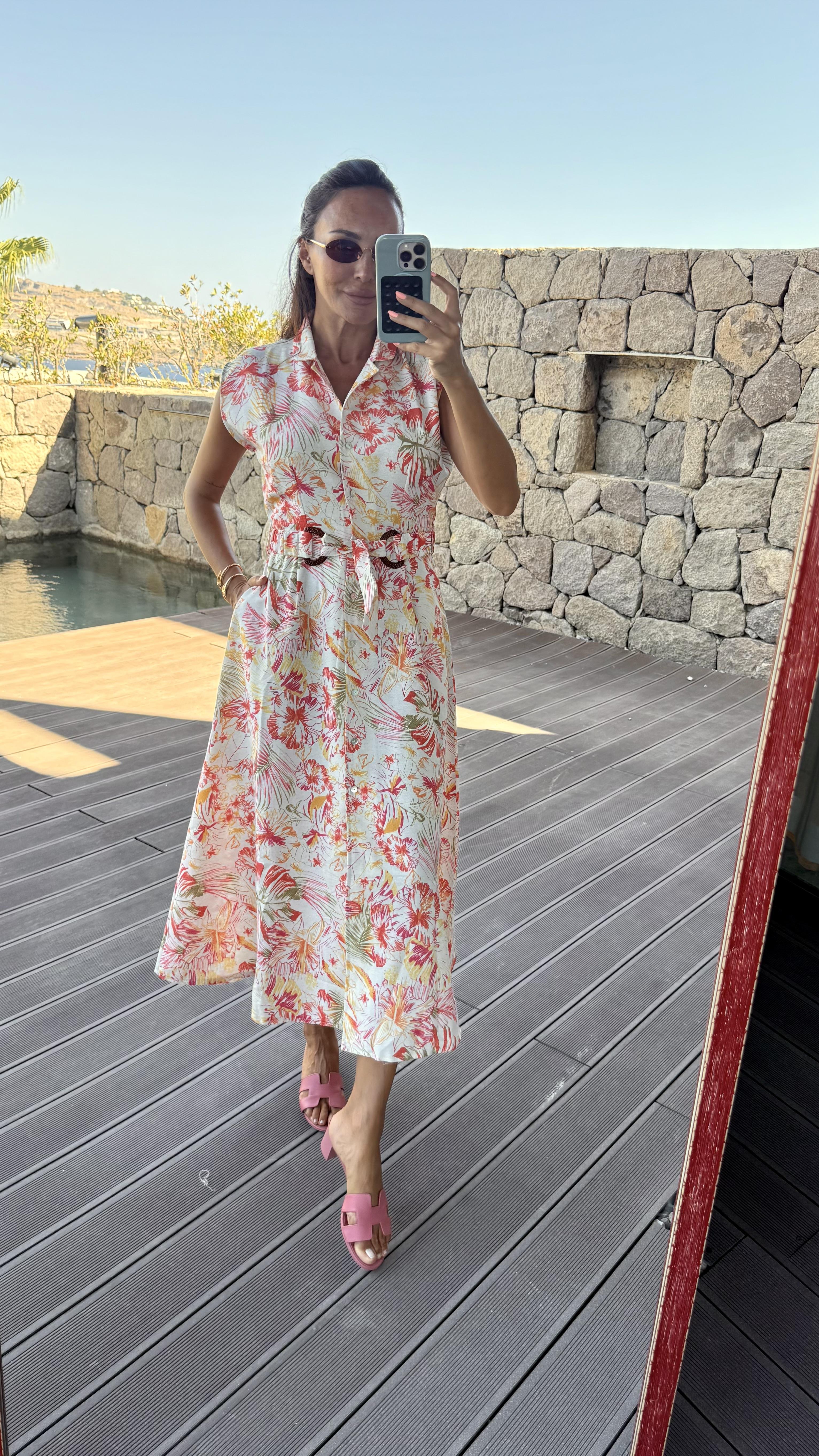 Renkli Kemerli Çiçekli Elbise