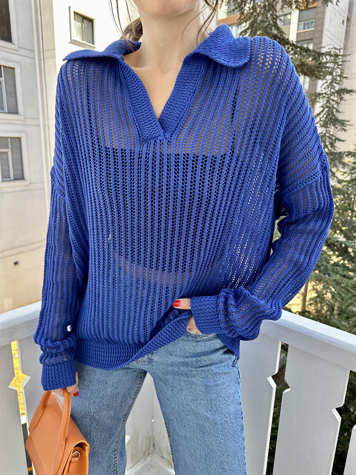 Saks Mavi Ajurlu Patlı Polo Yaka Kazak · 7