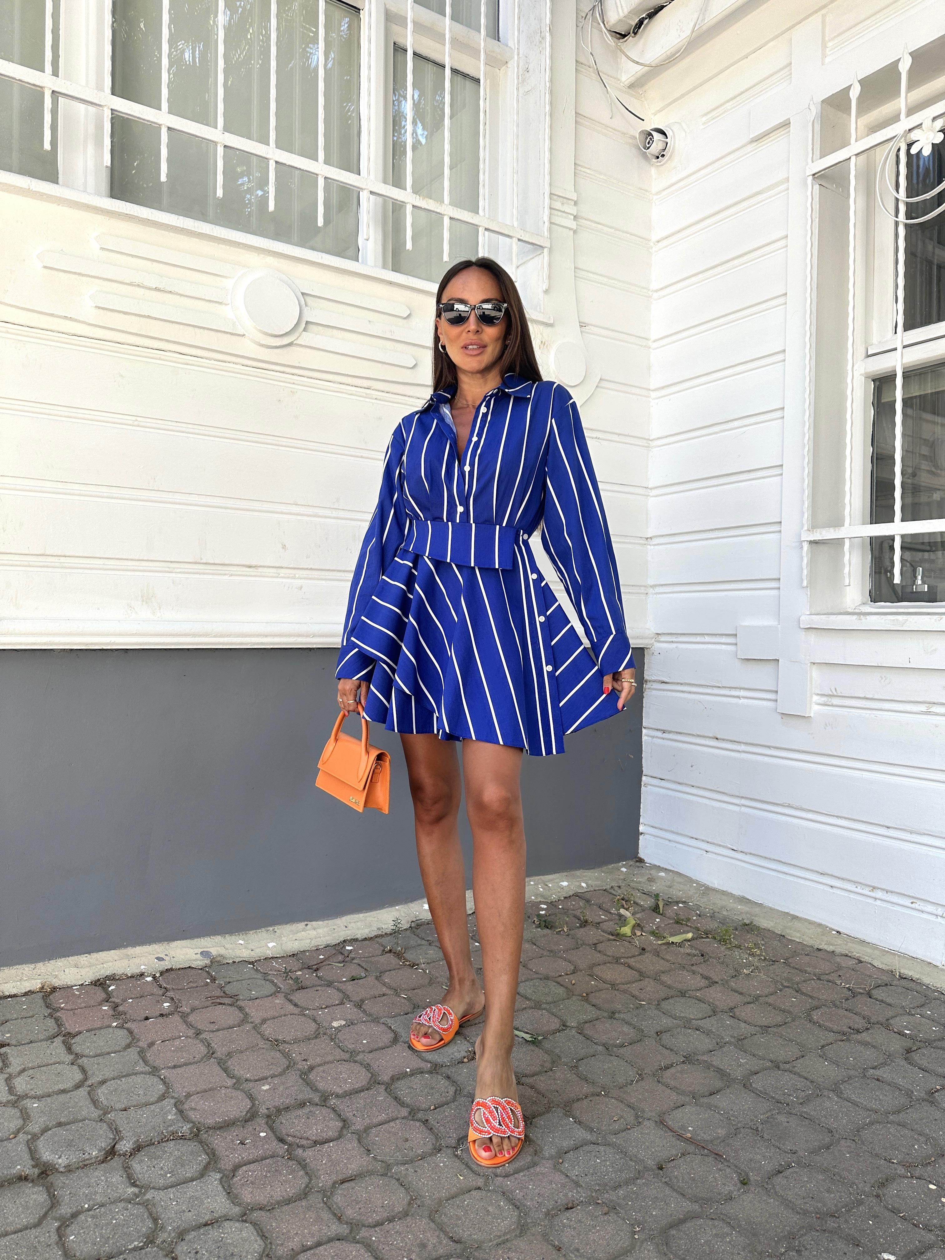 Saks Mavi Tasarım Gömlek Elbise