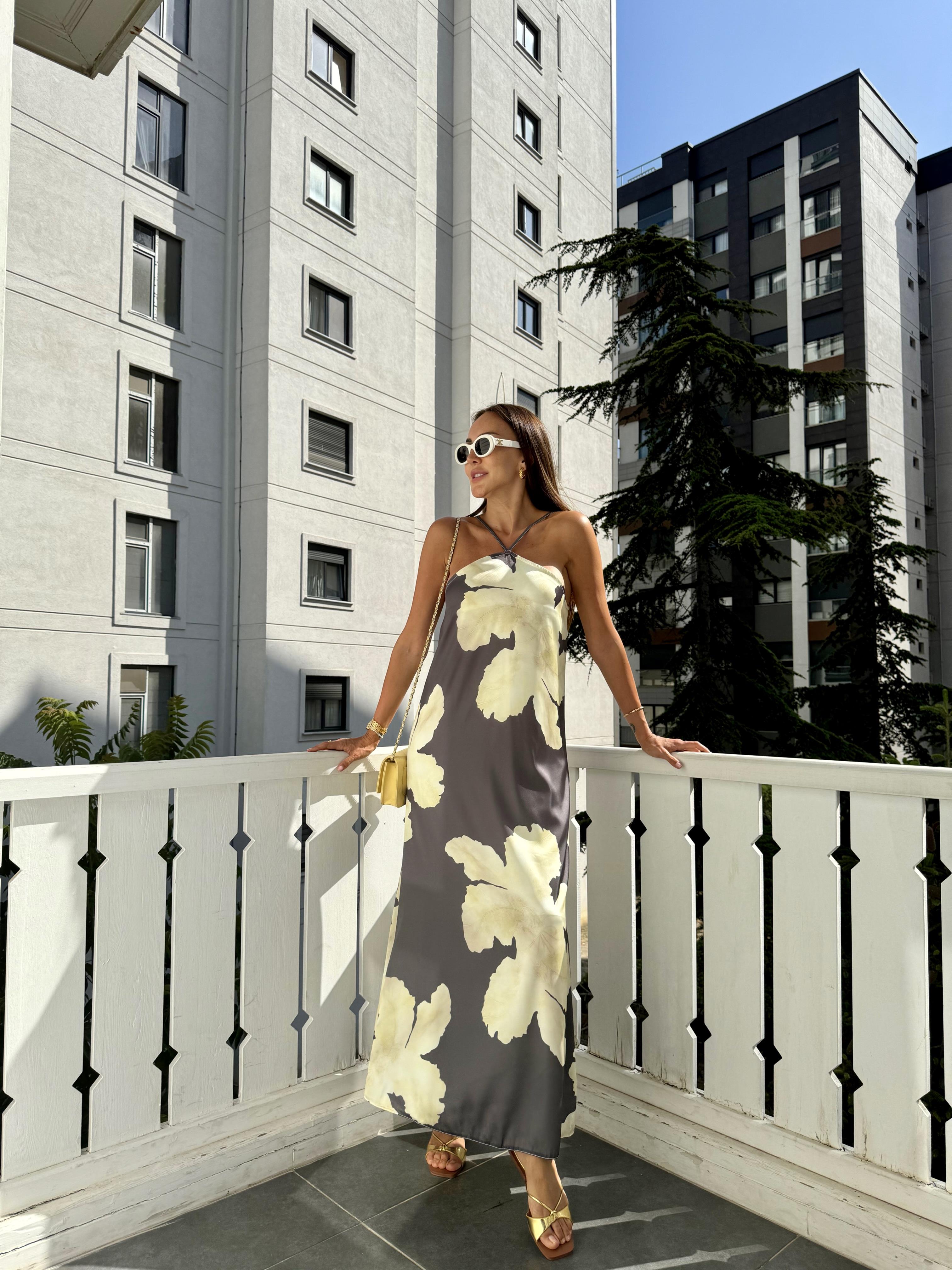 Sarı Çiçek Desen Maxi Boy Elbise