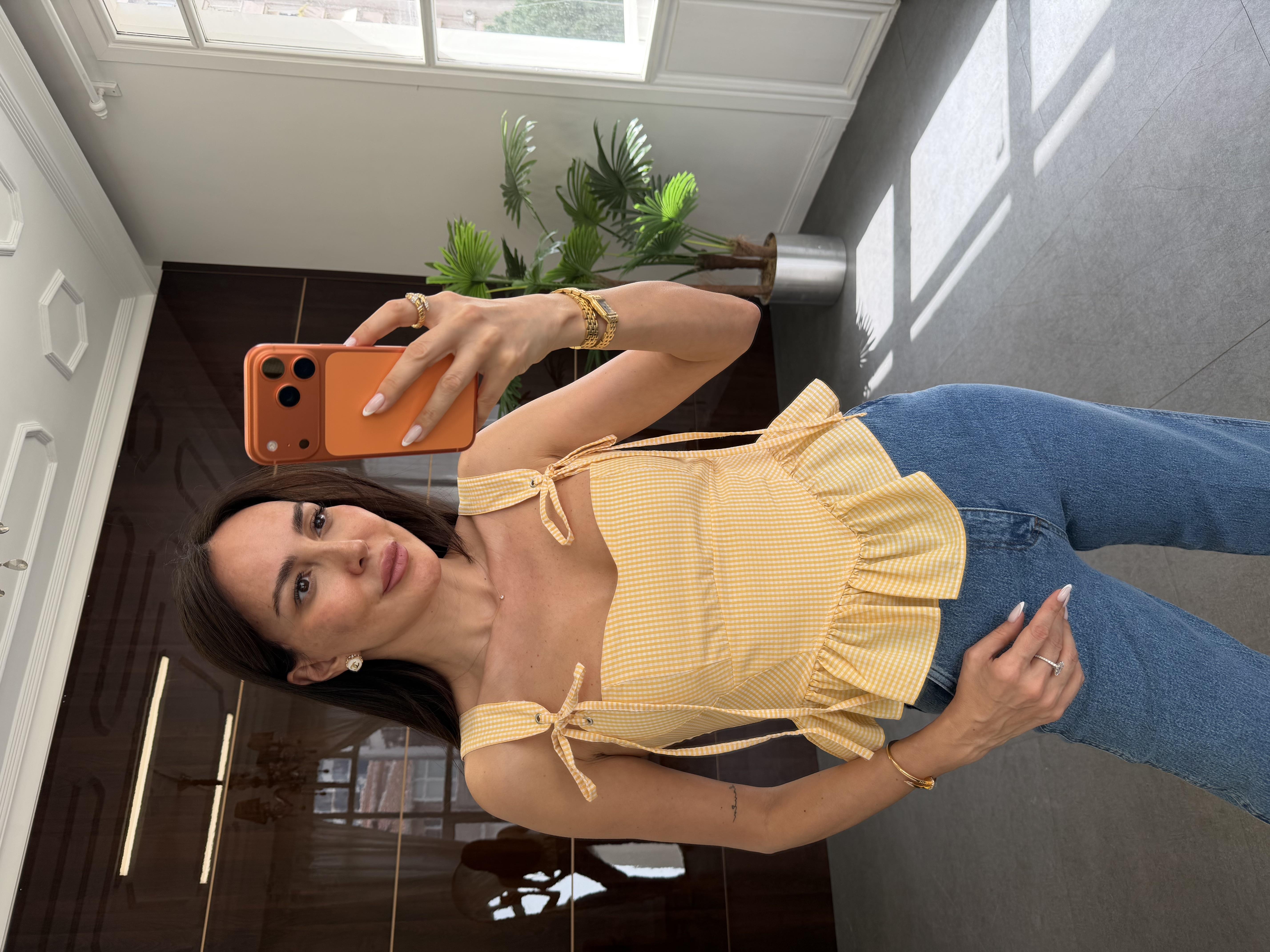 Sarı Fırfırlı Pötikare Bluz