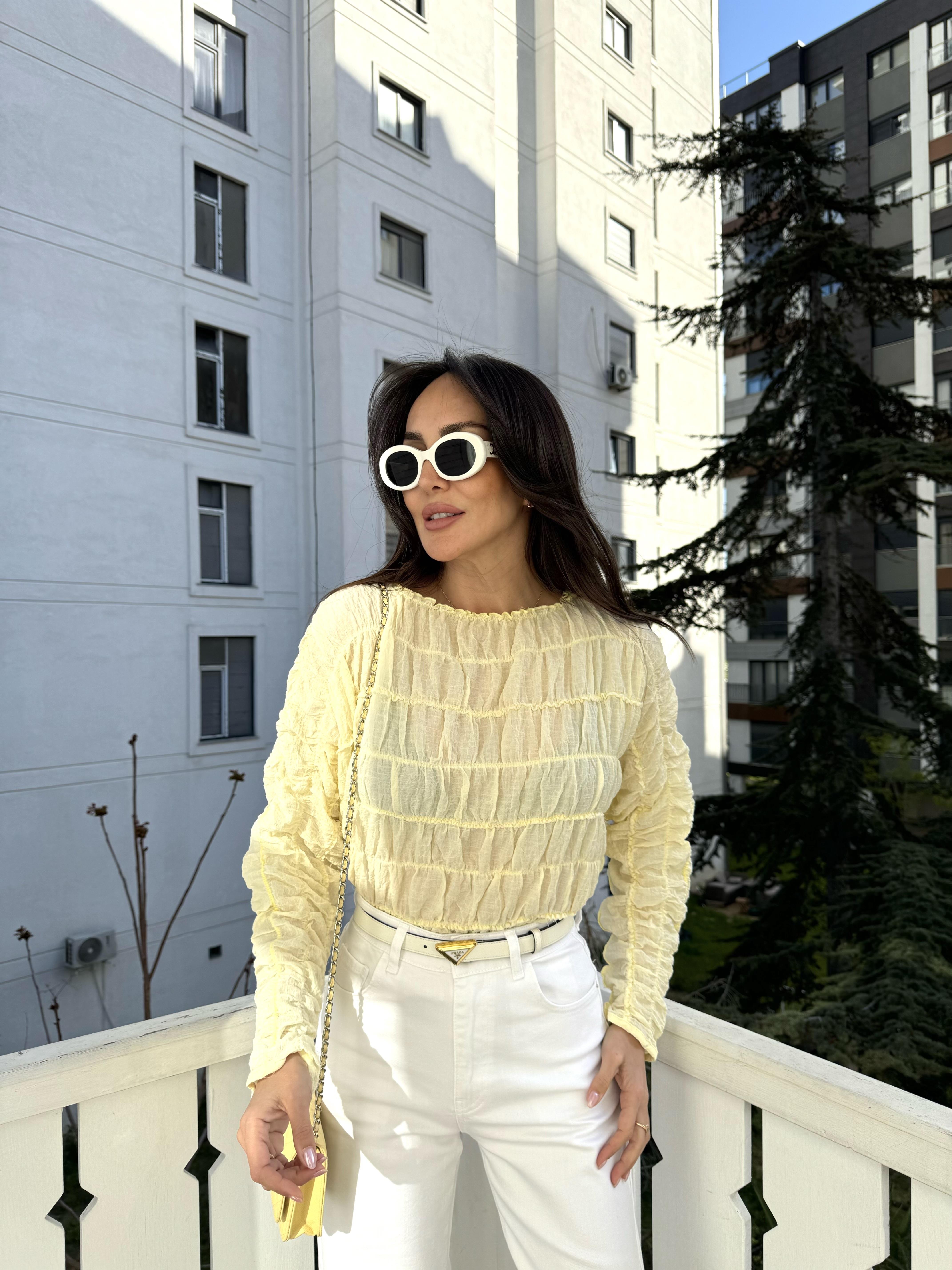 Sarı Gofre Dikişli Bluz