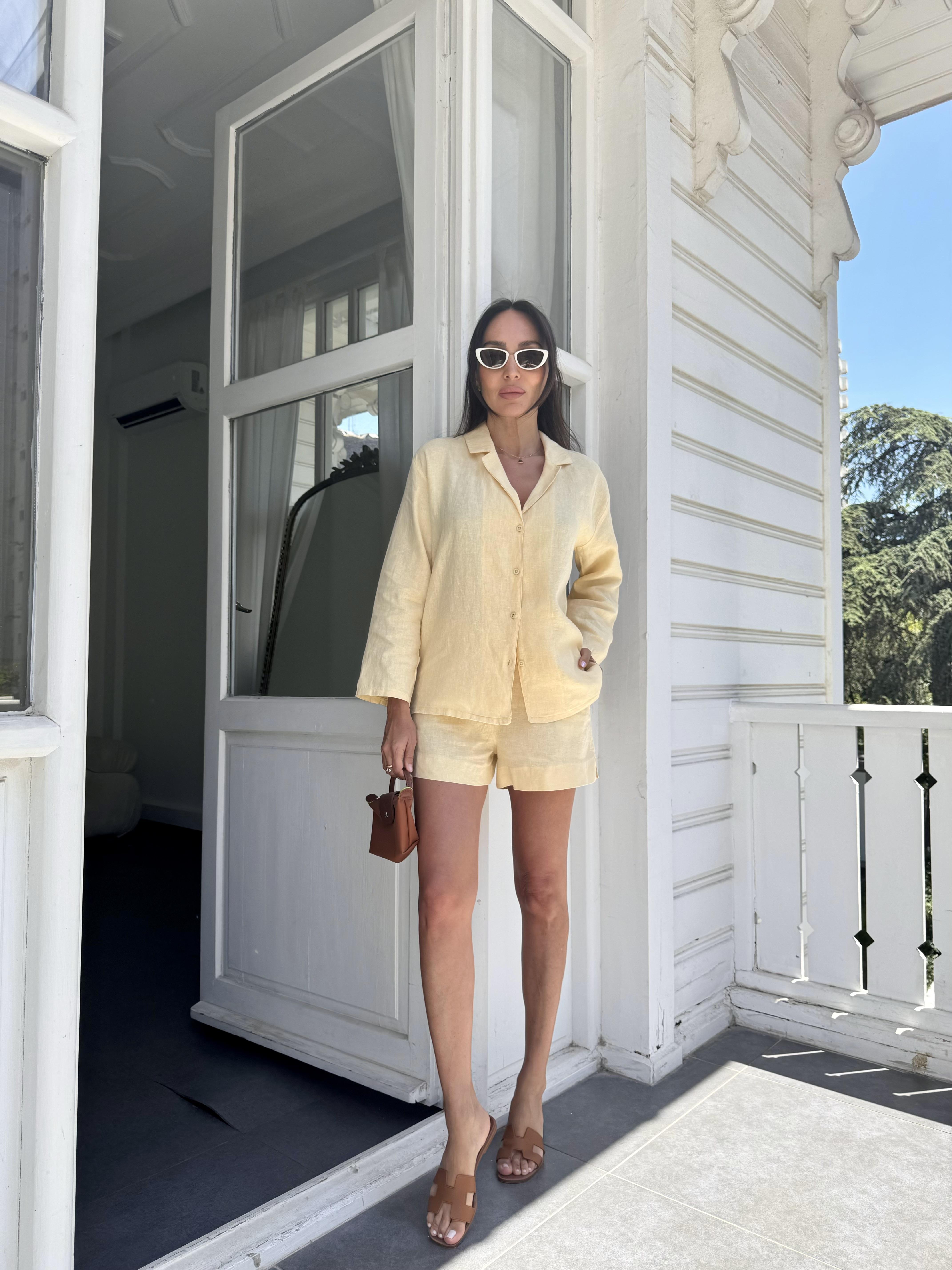 Sarı Keten Şortlu Takım