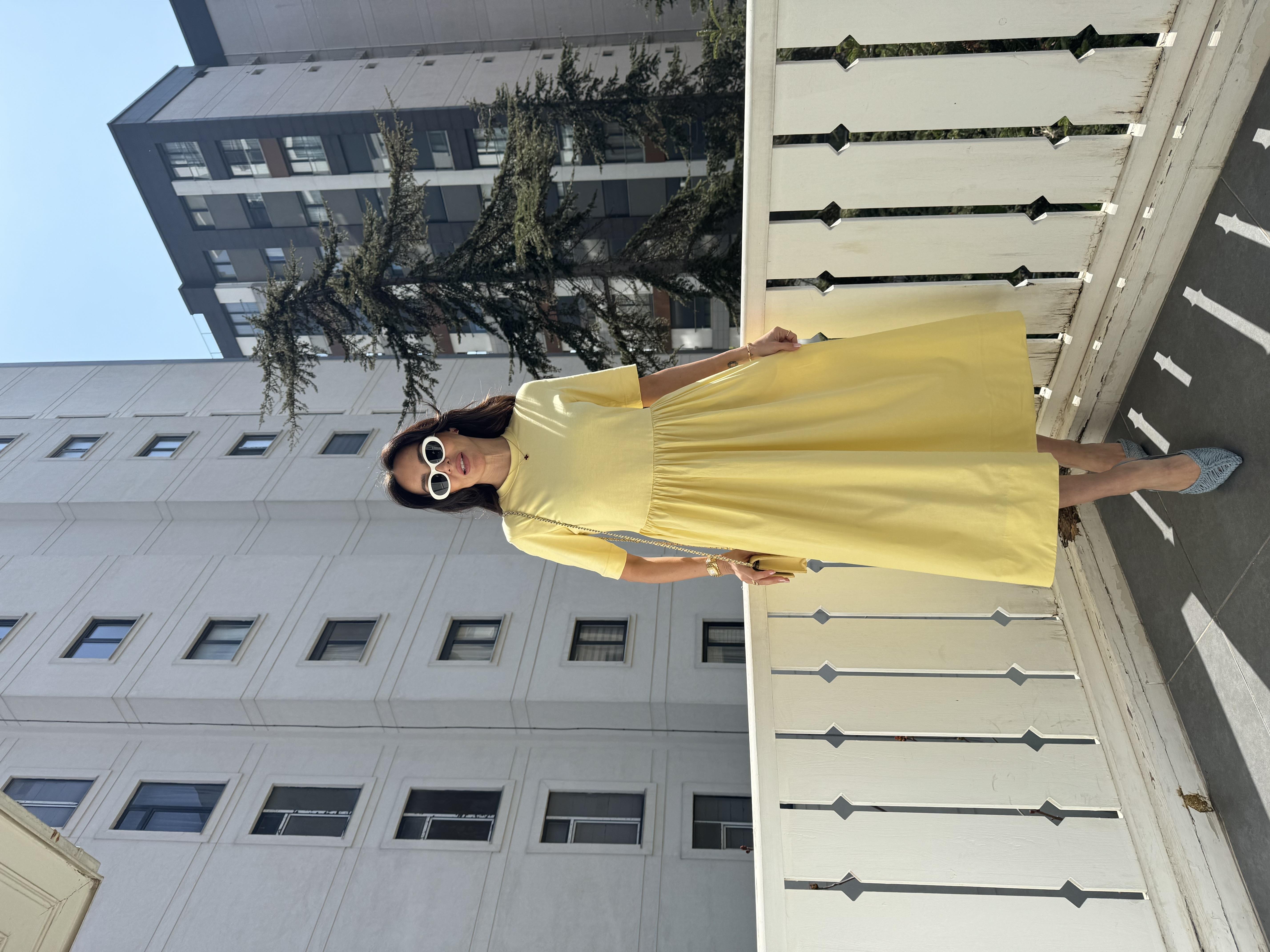 Sarı Kısa Kollu Poplin Midi Elbise