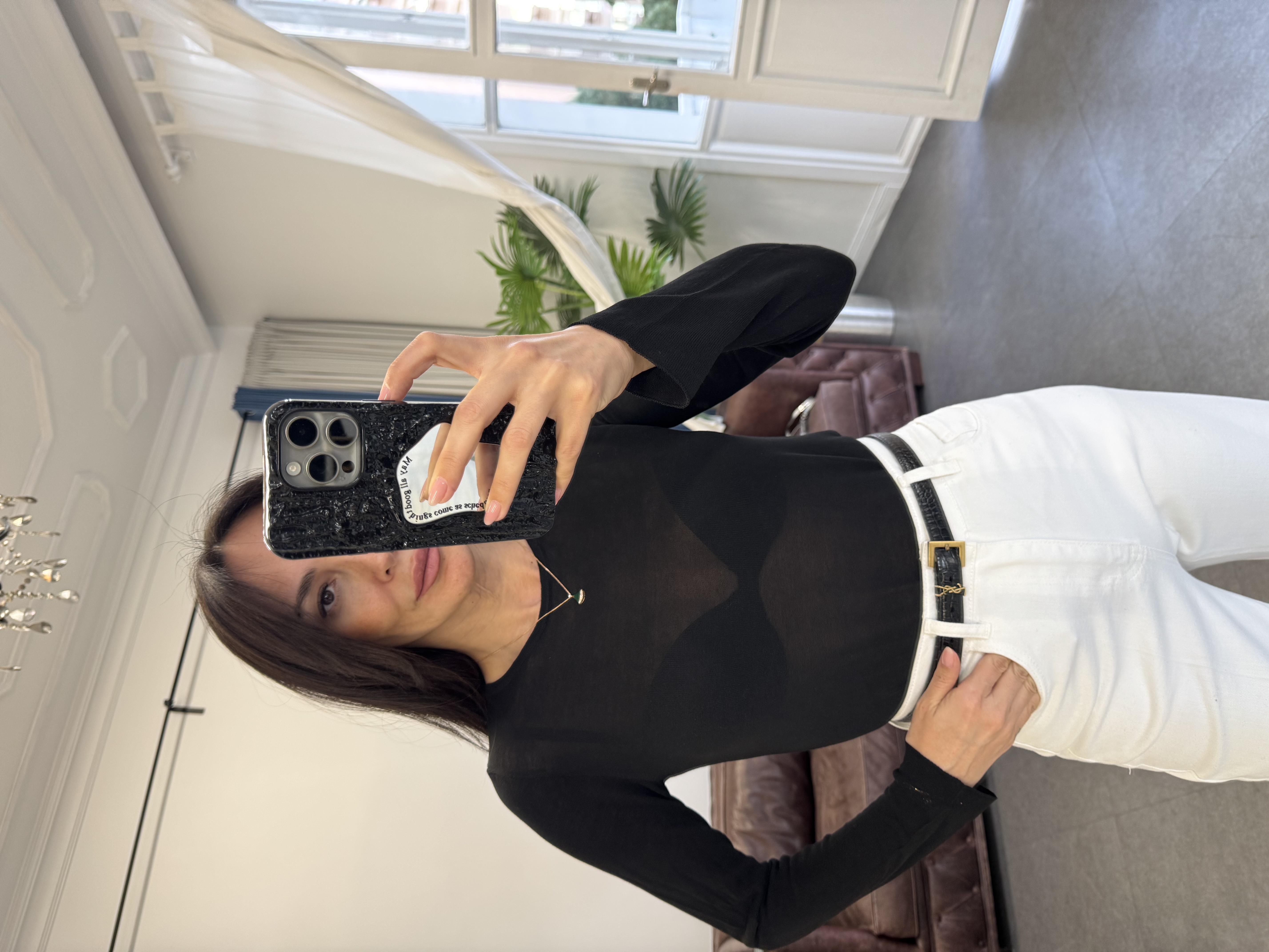 Siyah Bisiklet Yaka Transparan Triko