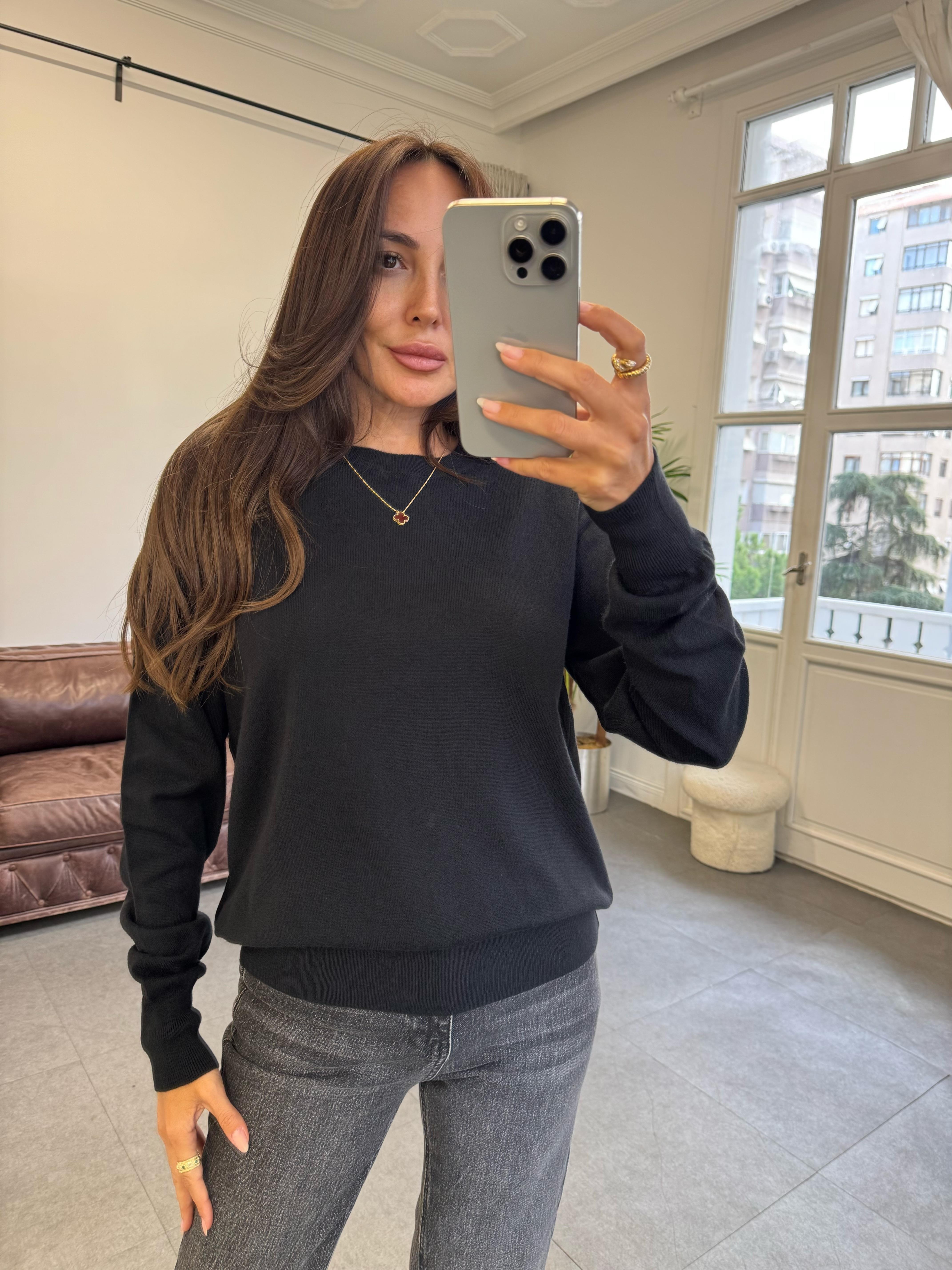 Siyah Bisiklet Yaka Yünlü Basic Triko Kazak