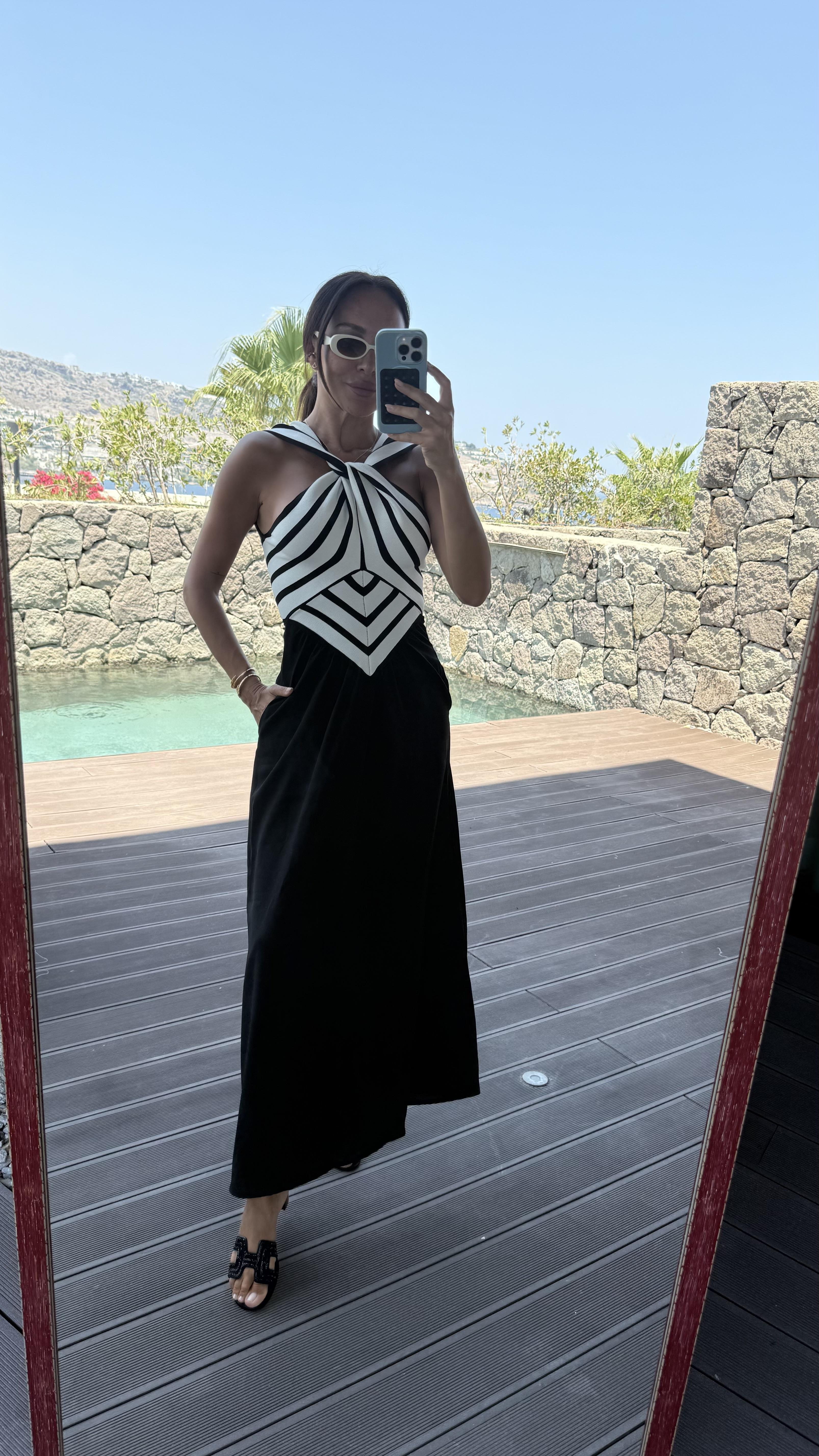 Siyah Çizgili Çapraz Yaka Kadın Elbise