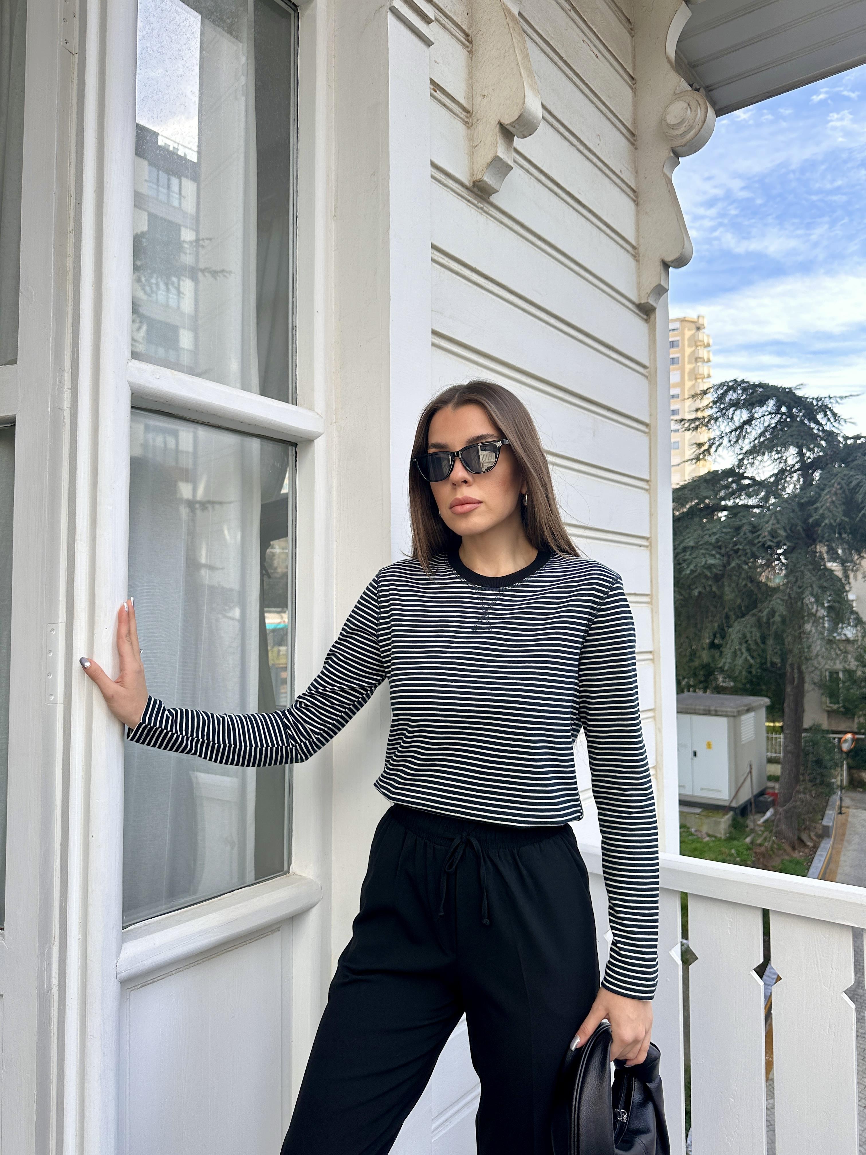 Siyah Çizgili Coton Tshirt
