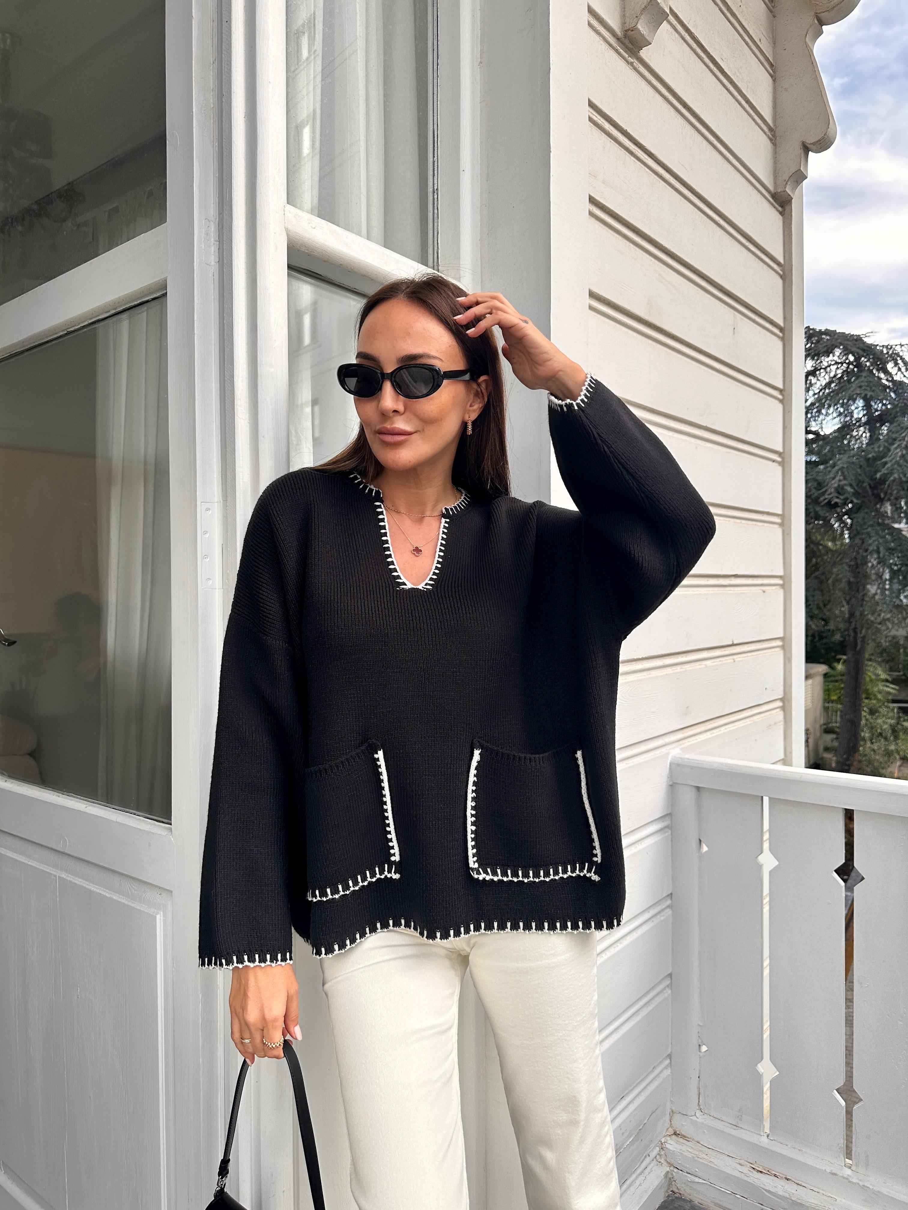 Siyah Çoban Dikiş Kazak