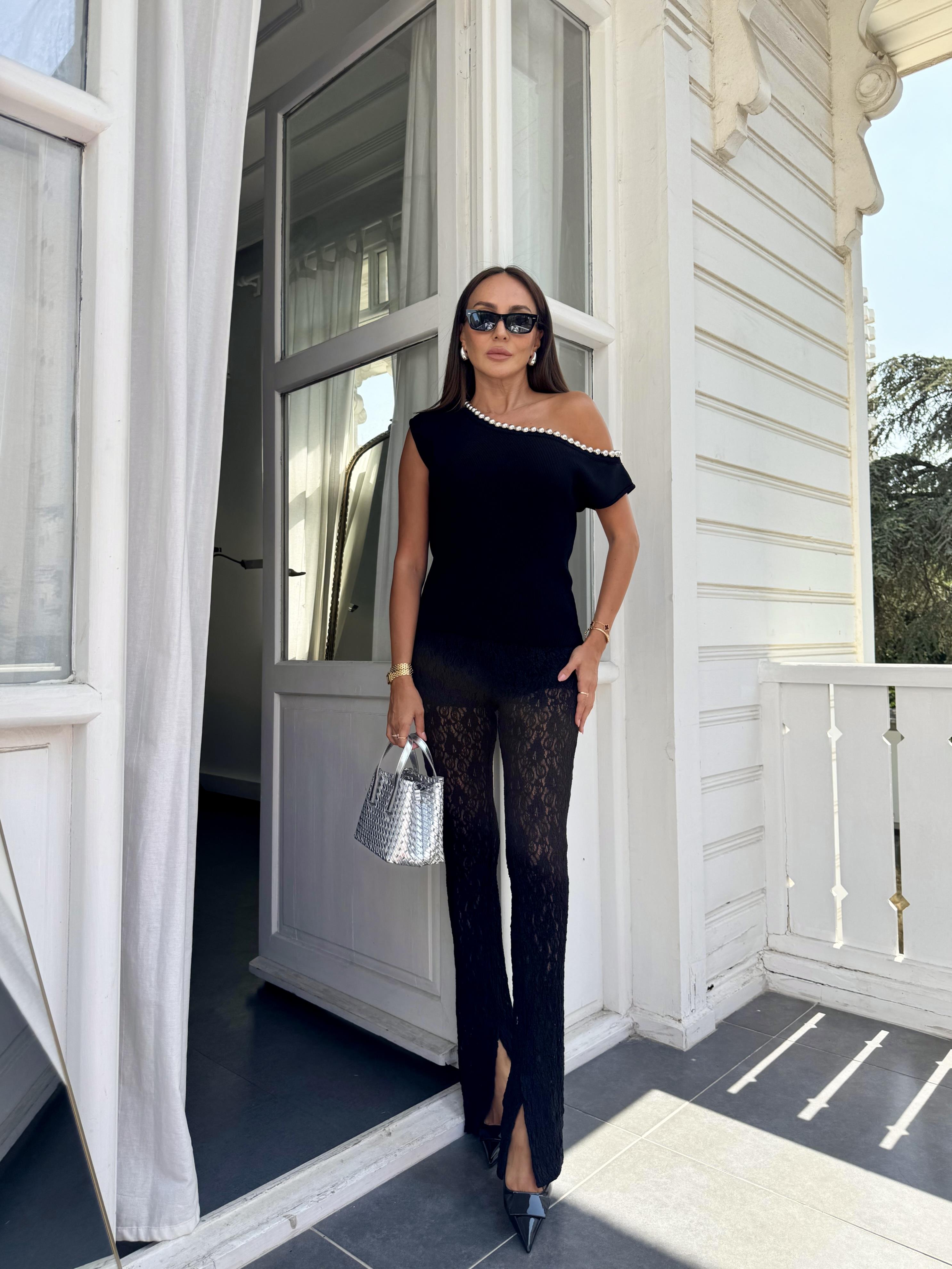 Siyah Dantelli İspanyol Paça Tayt Pantolon