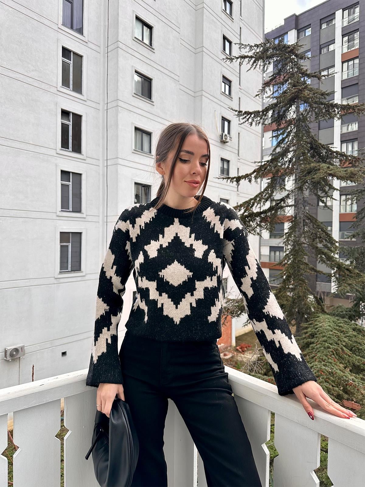 Siyah-Ekru Bisiklet Yaka Desenli Triko Kazak