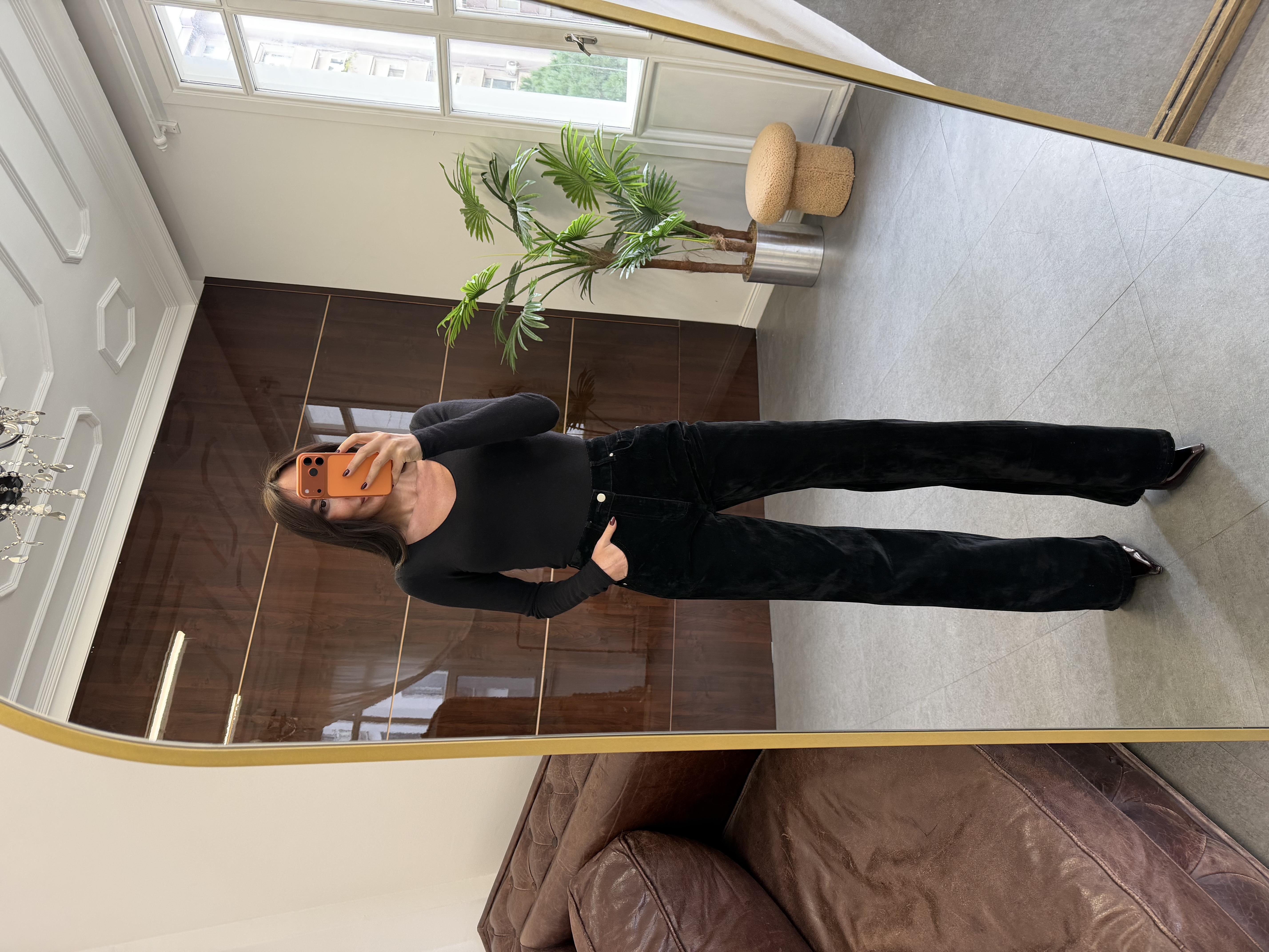 Siyah Flok Kaplama Wide Leg Pantolon