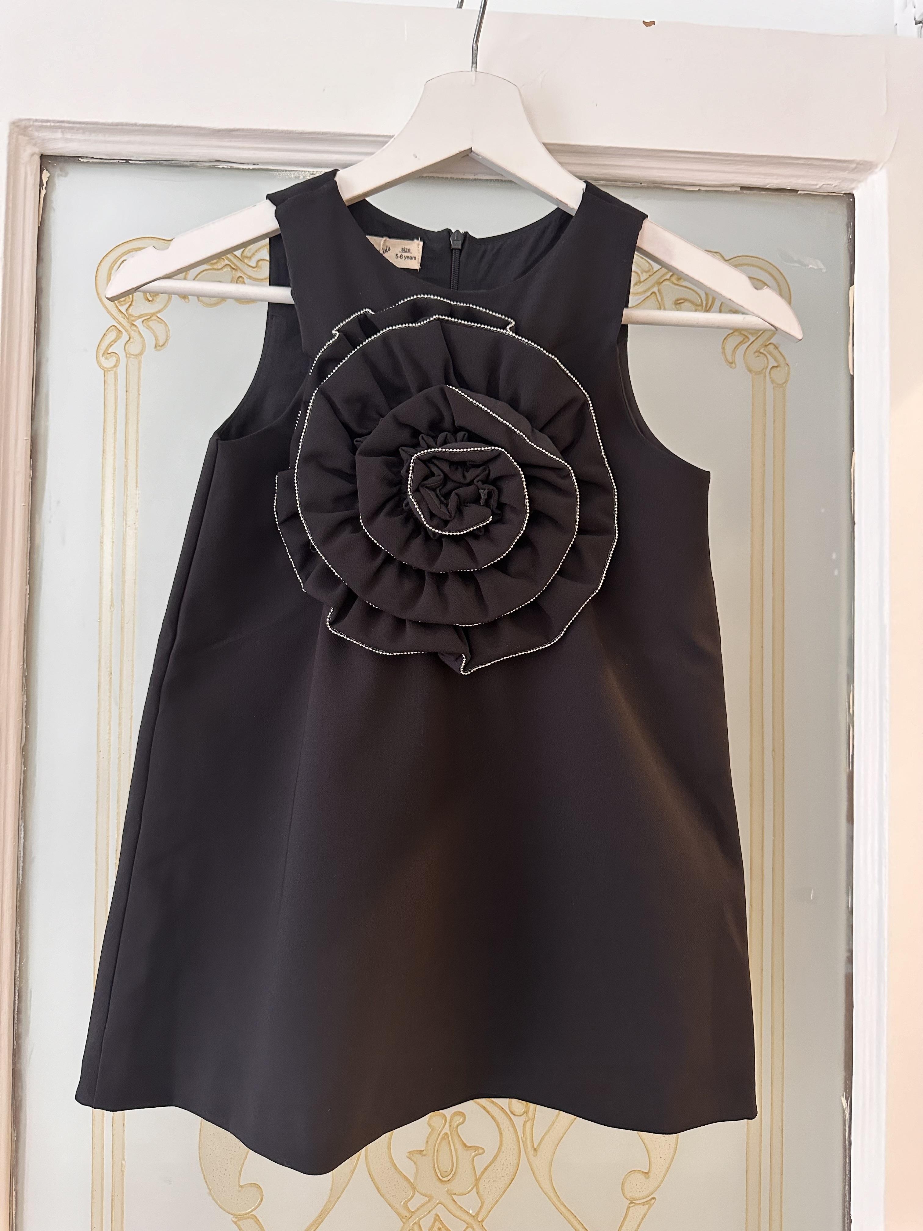 Siyah Gül İşleme Kız Çocuk Elbise