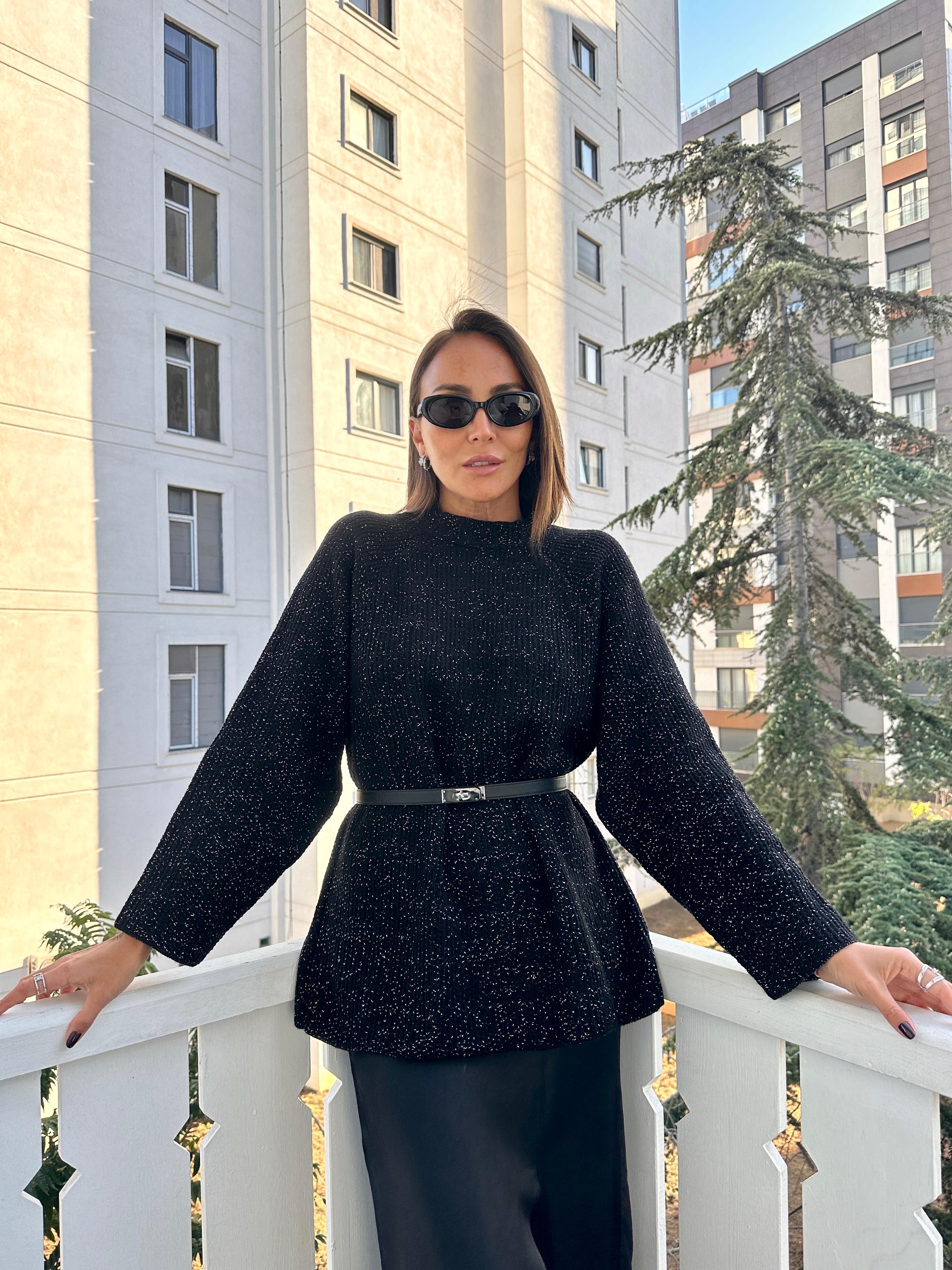 Siyah Gümüş Simli Selanik Triko