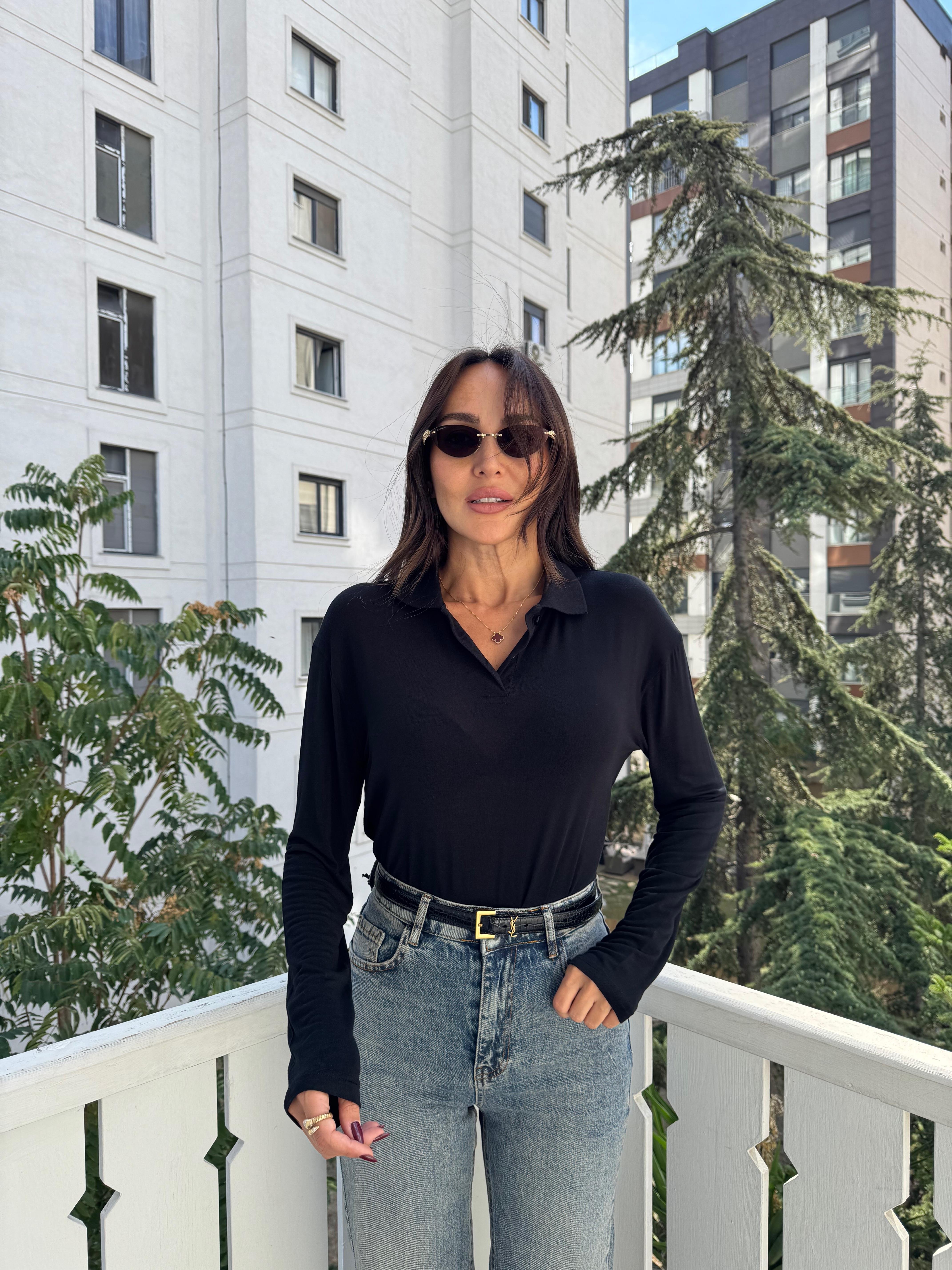 Siyah İnce Doku Polo Yaka Bluz