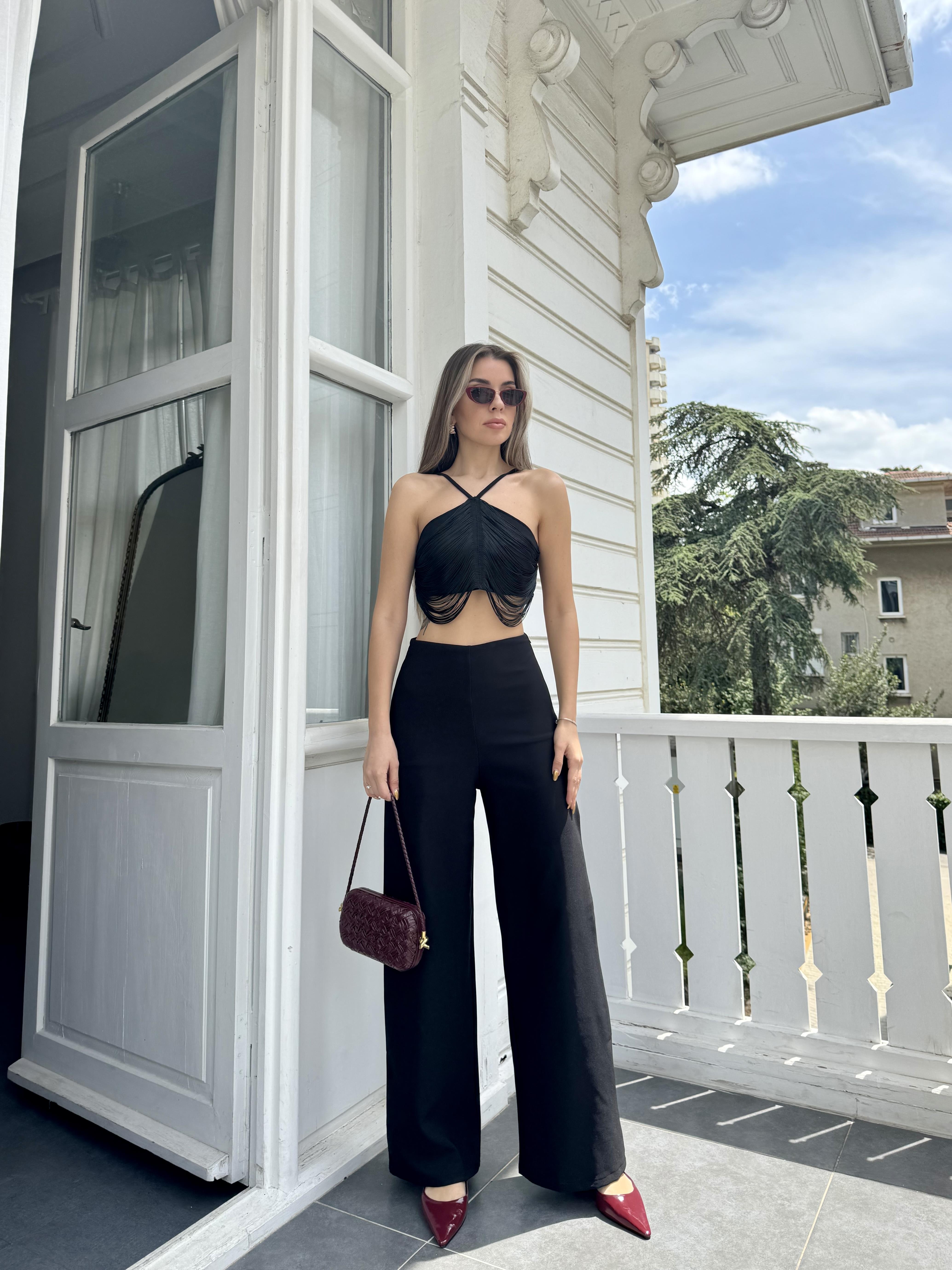 Siyah İp Crop Pantolon Takım