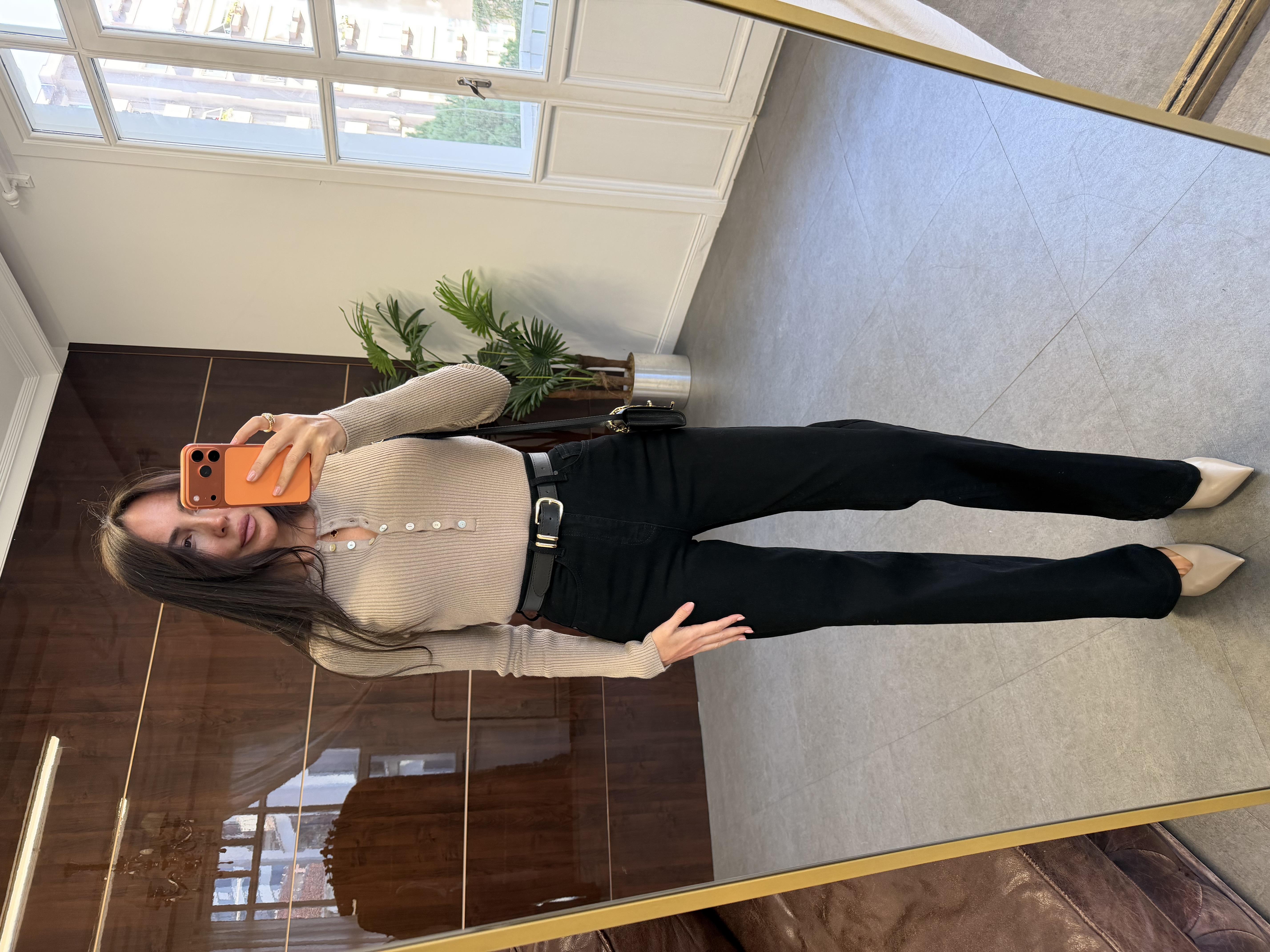 Siyah Kemerli Wide-Leg Jean Pantolon