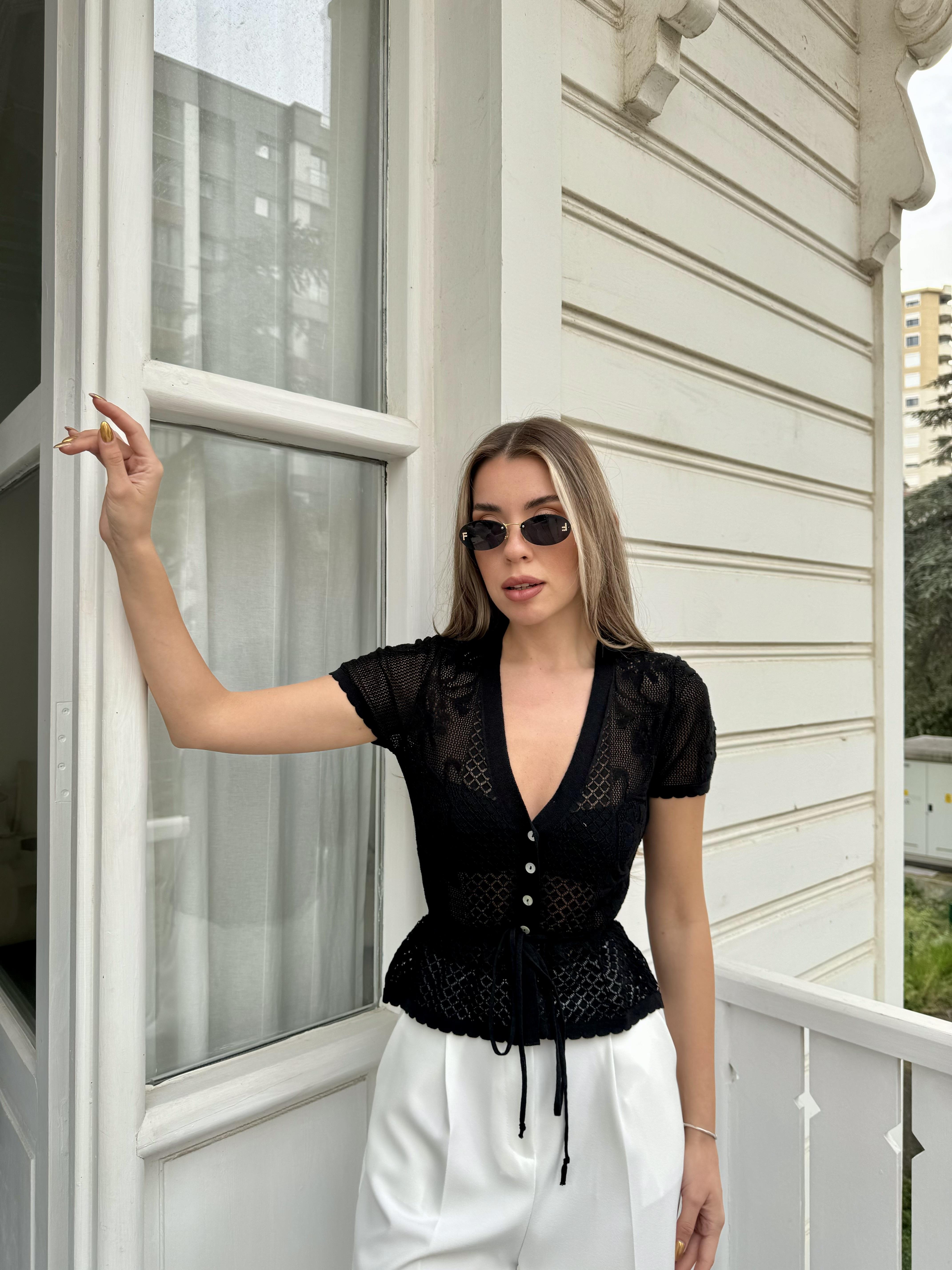 Siyah Kısa Kollu Ajurlu Hırka