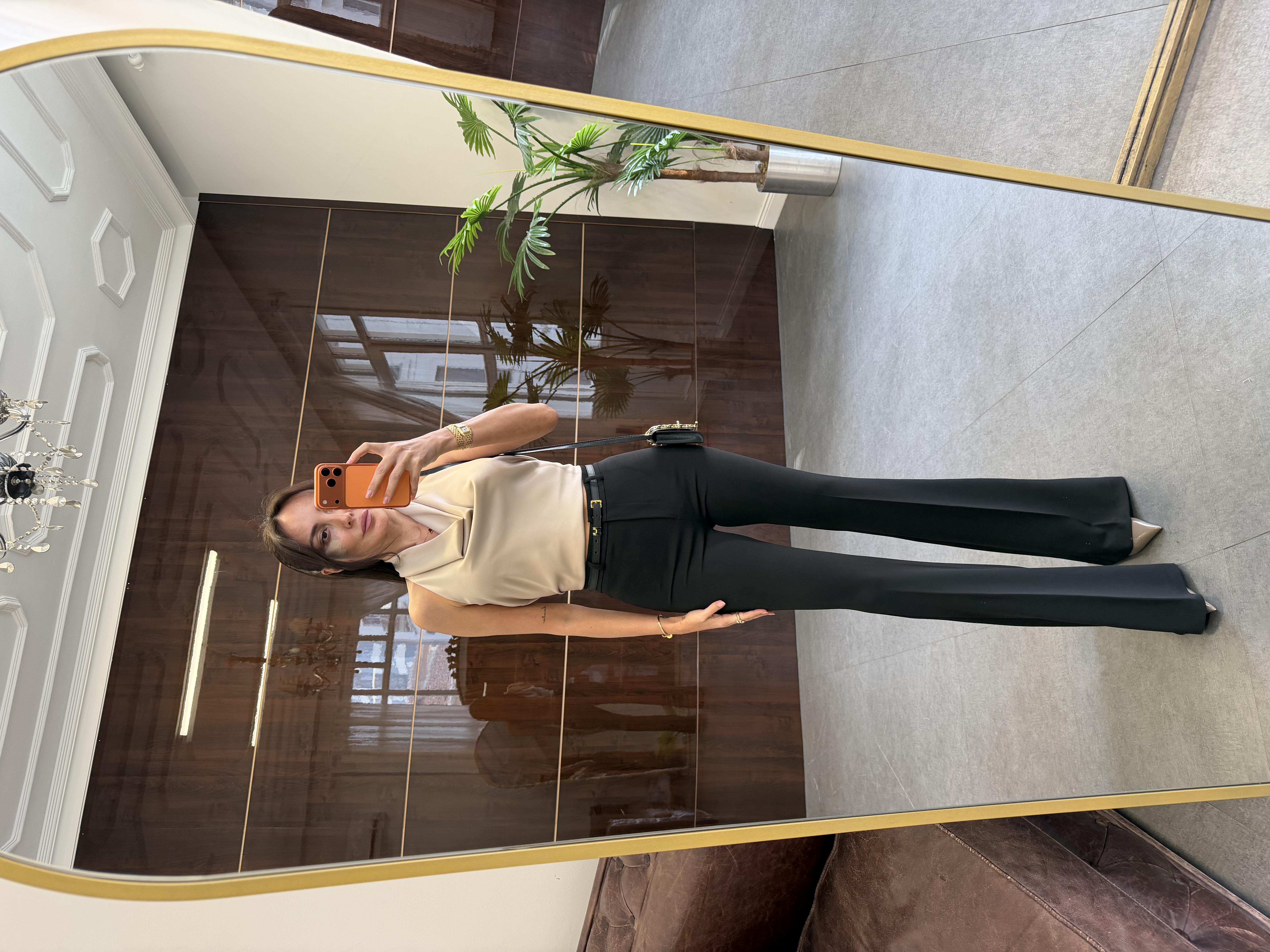 Siyah Likralı İspanyol Paça Kumaş Pantolon