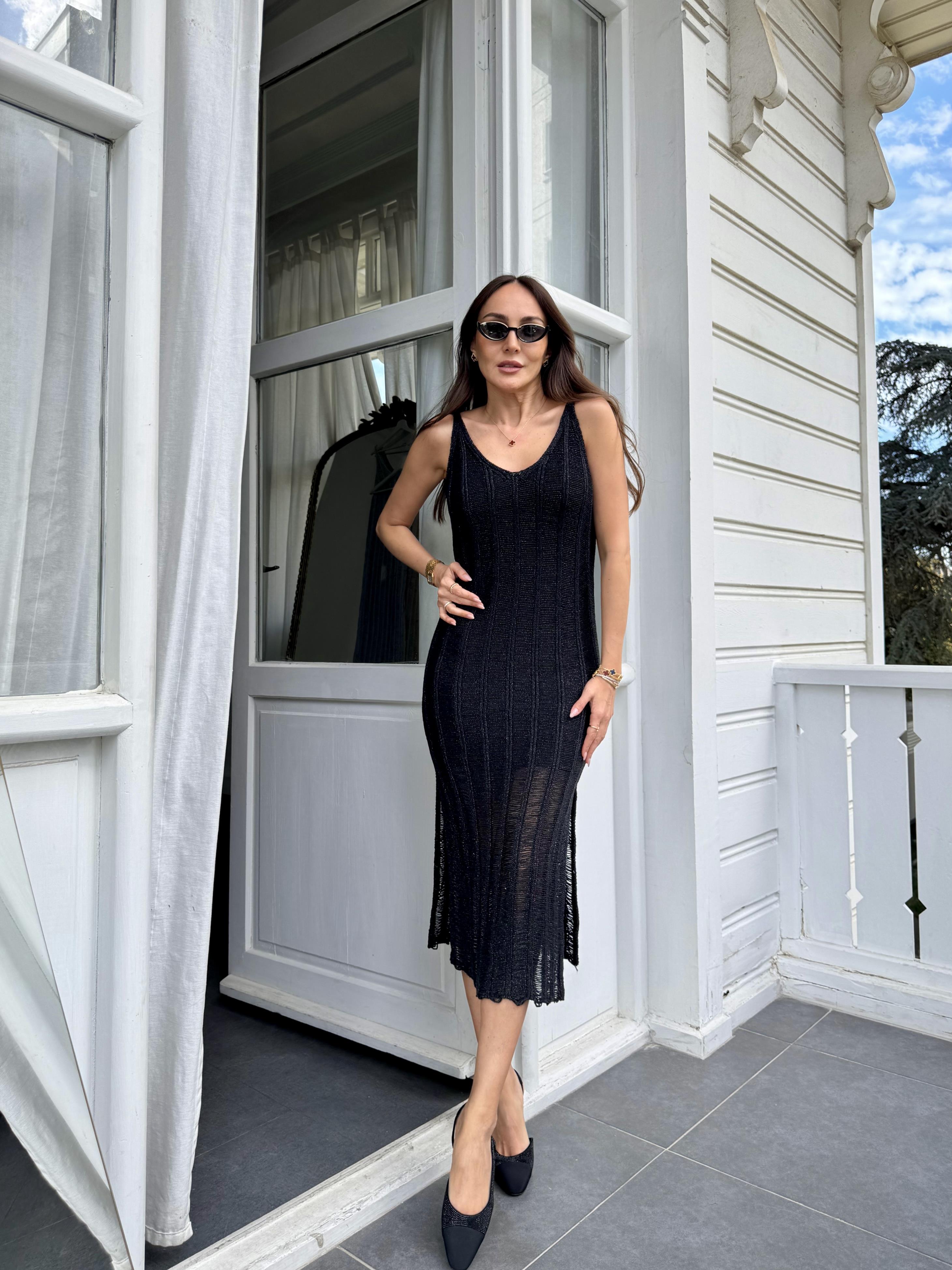 Siyah Merserize Astarlı Simli Elbise