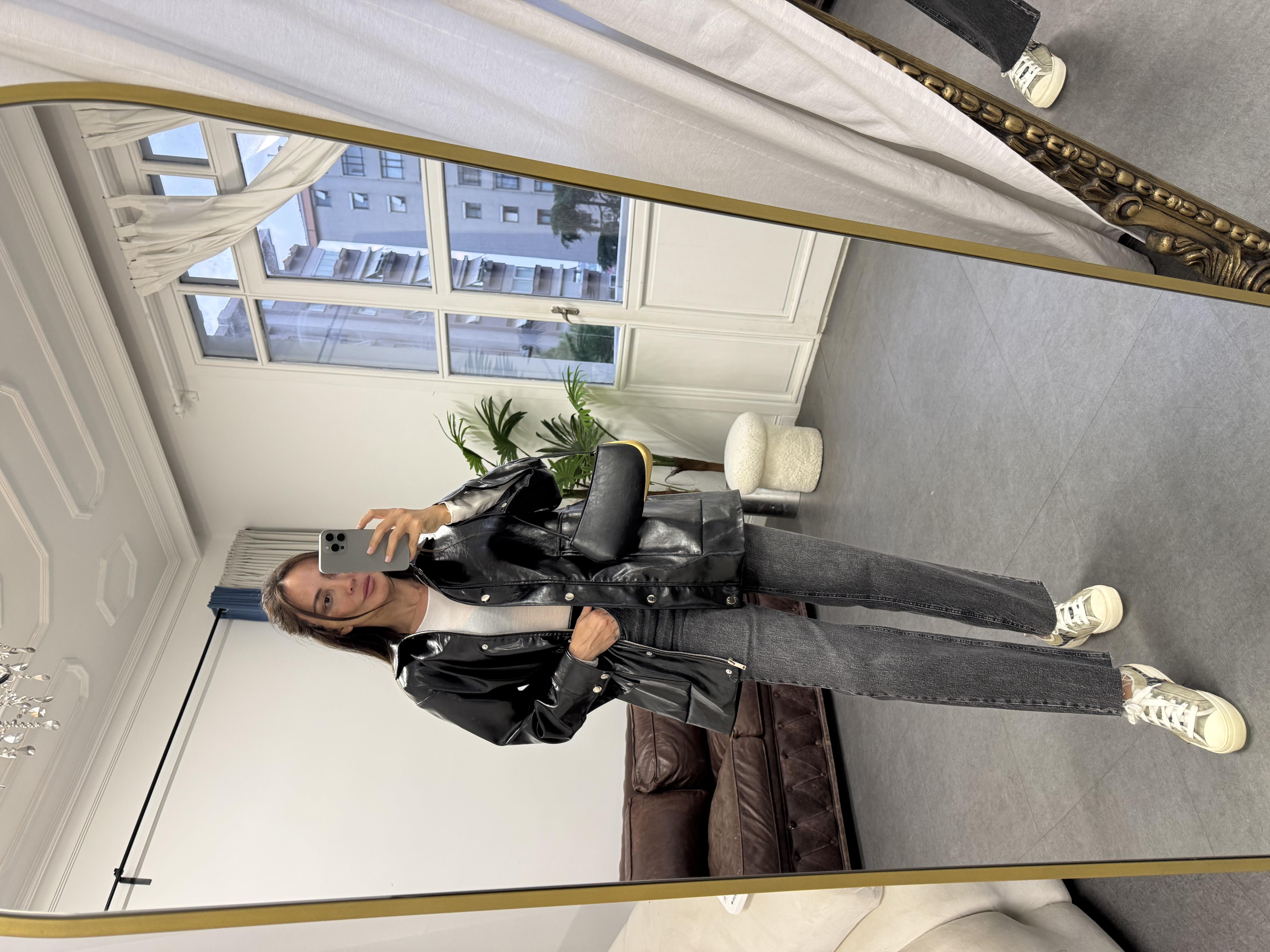 Siyah Parlak 2 Cepli Deri Ceket