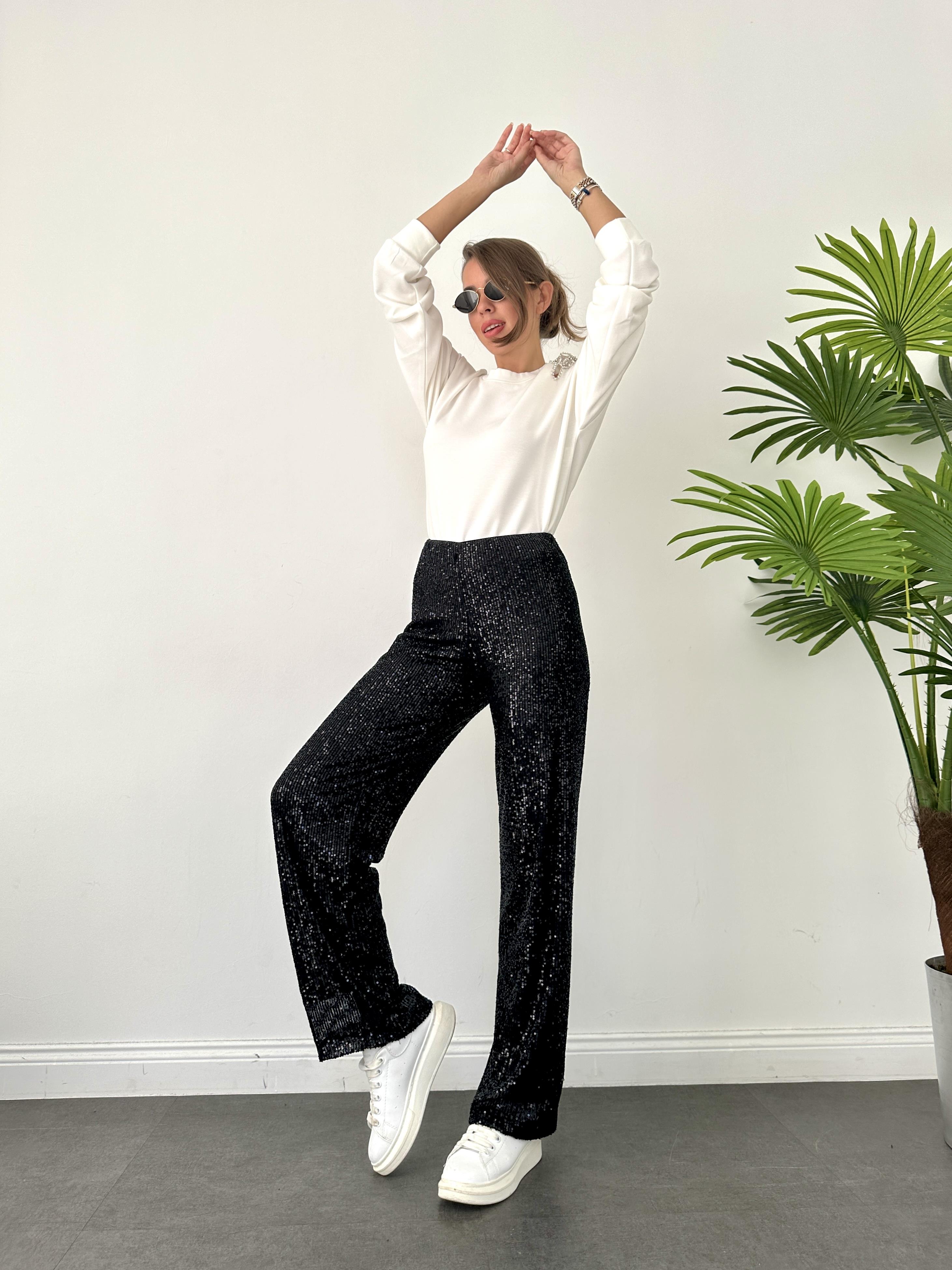 Siyah Payetli Bol Paça Pantolon