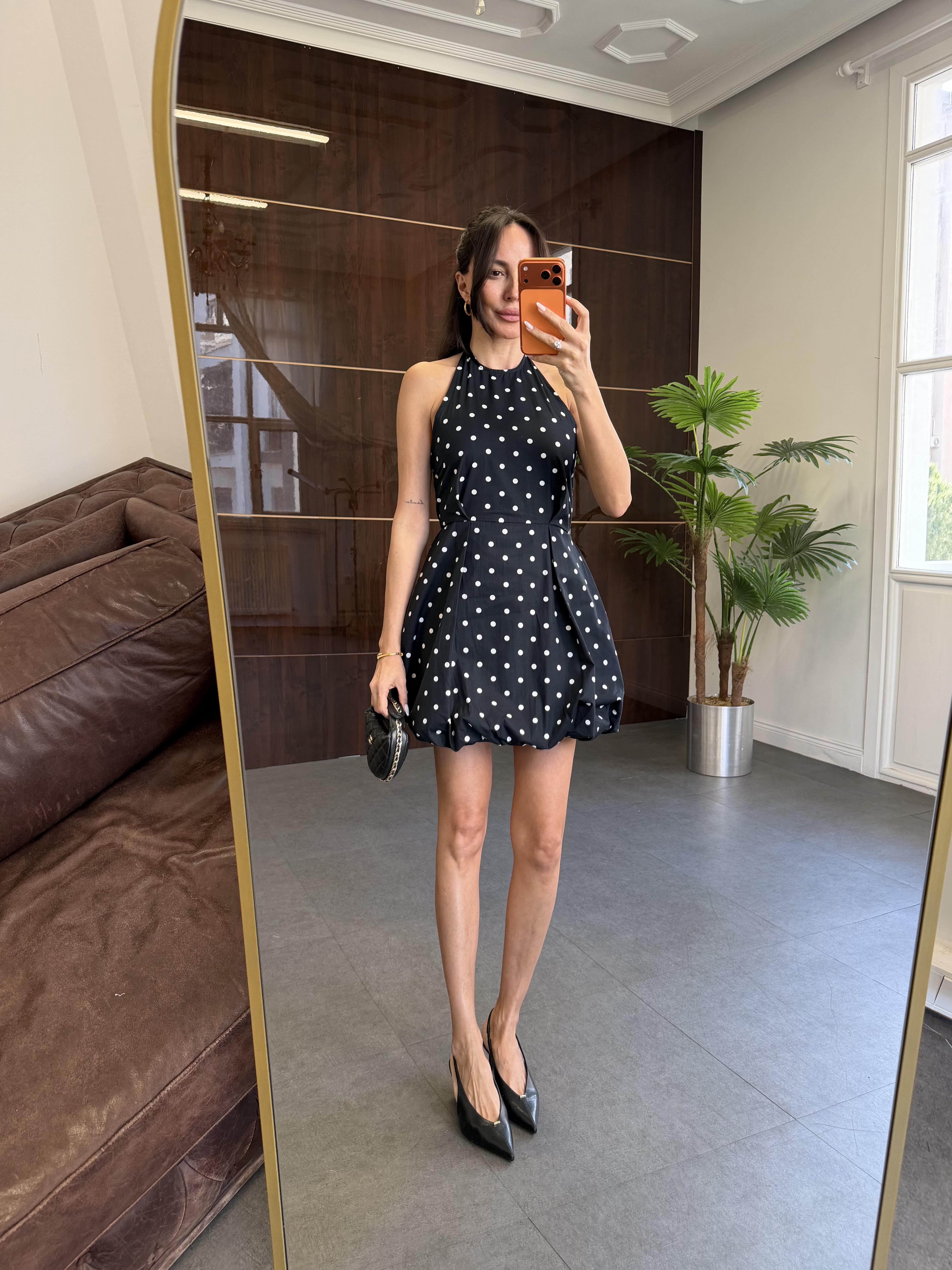 Siyah Puantiyeli Mini Balon Elbise