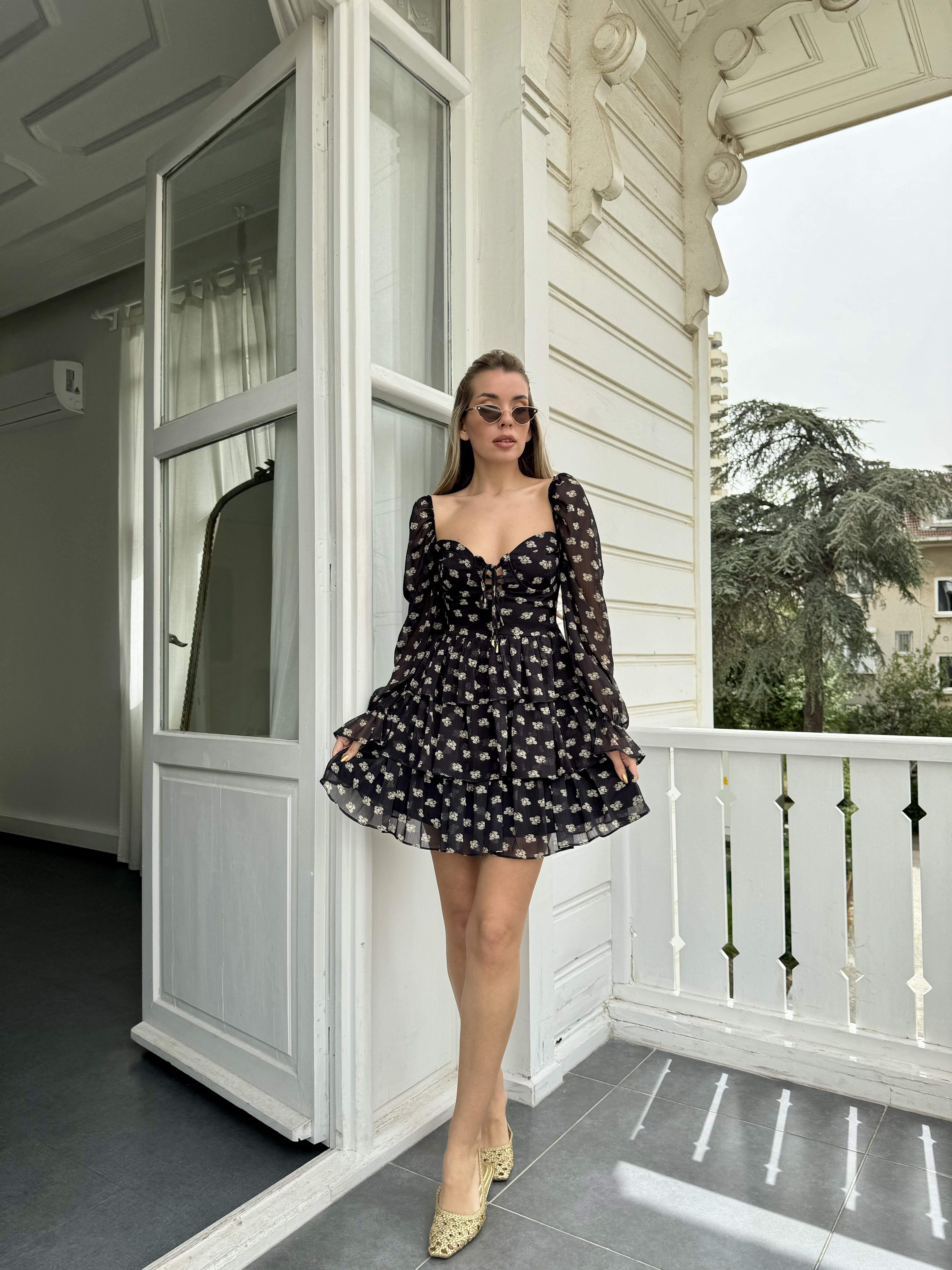 Siyah Şifon Karpuz Kol Volanlı Elbise