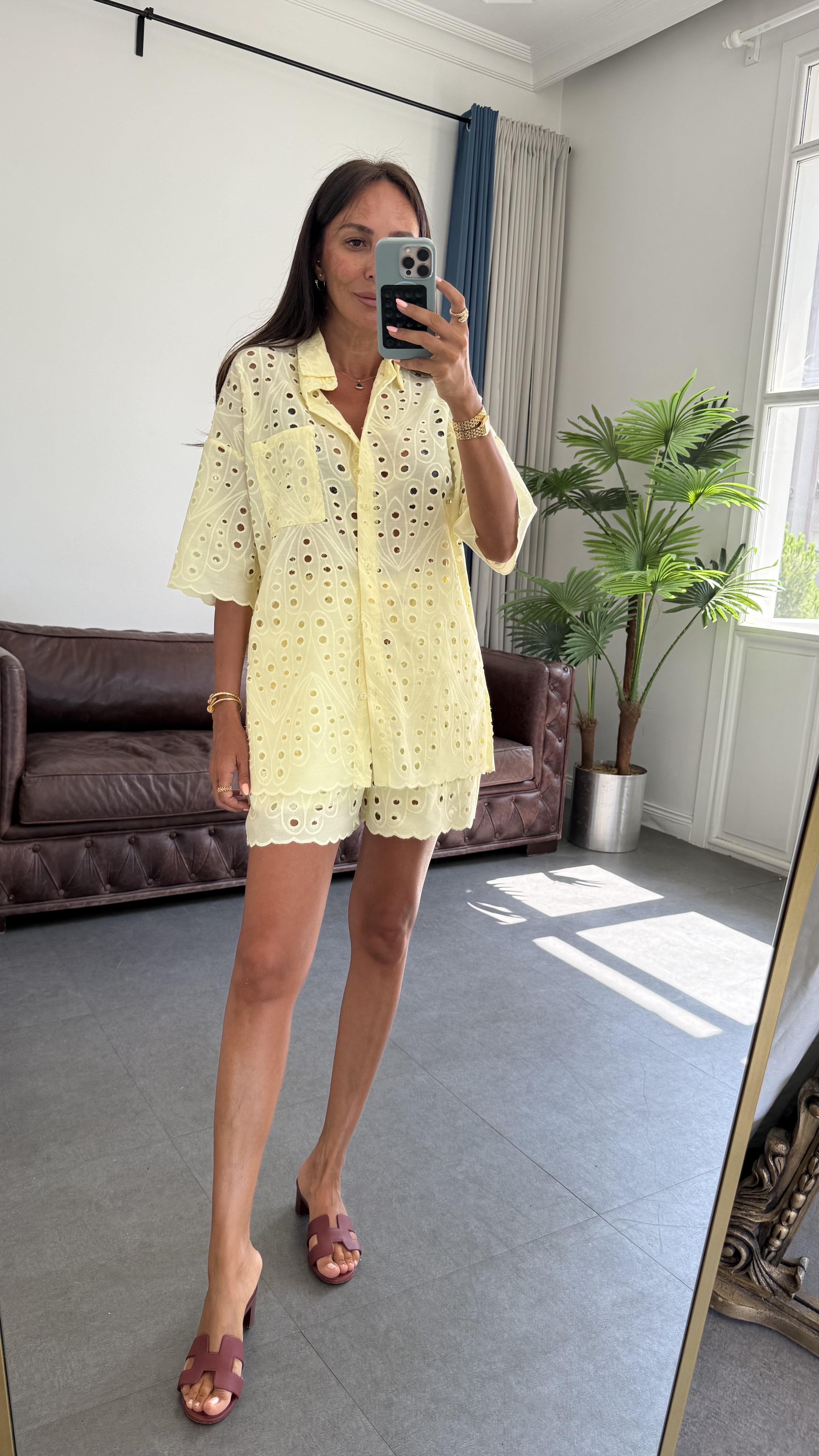 Soft Sarı Brode Şortlu Takım