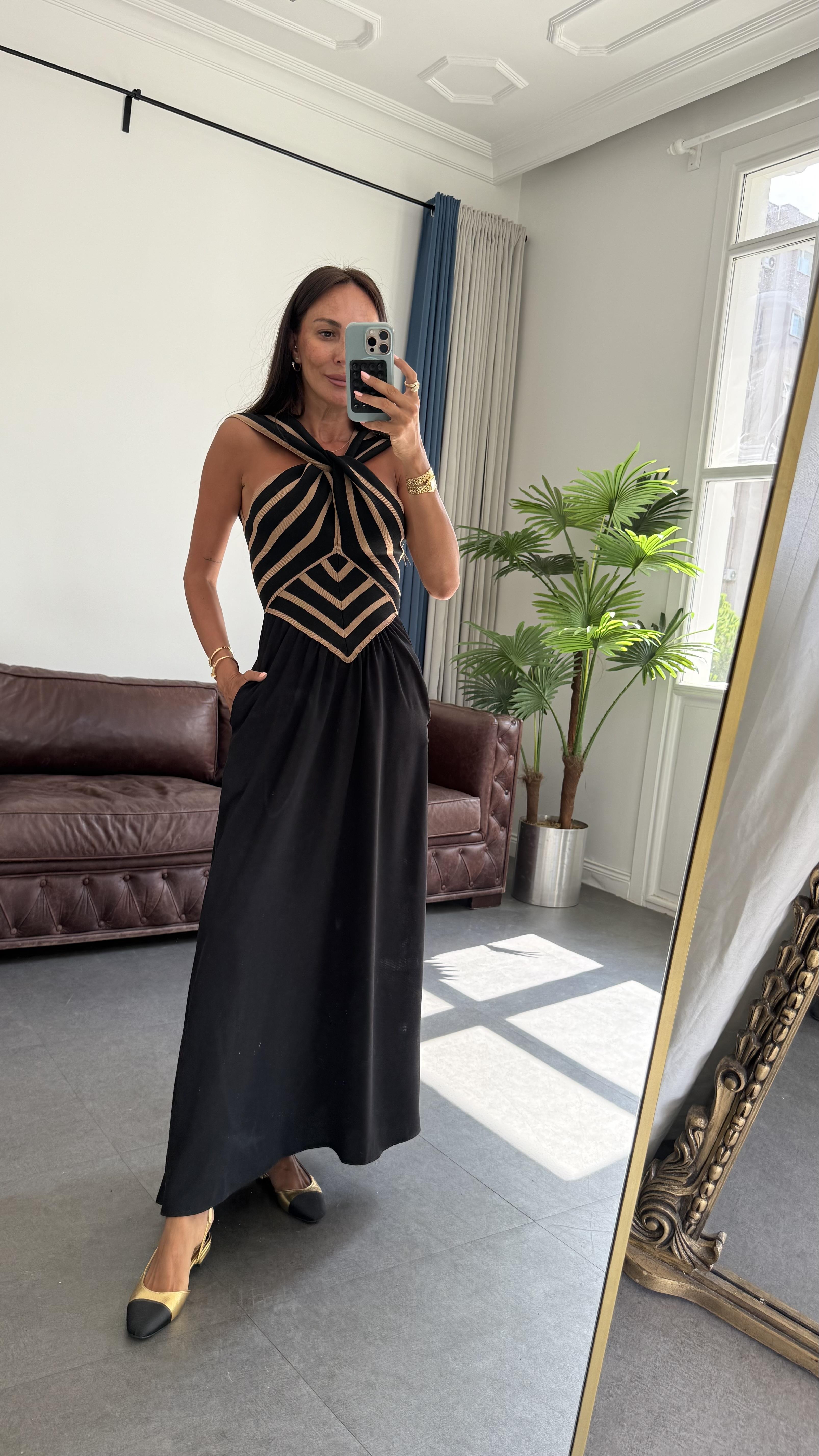 Taba Çizgili Çapraz Kadın Elbise