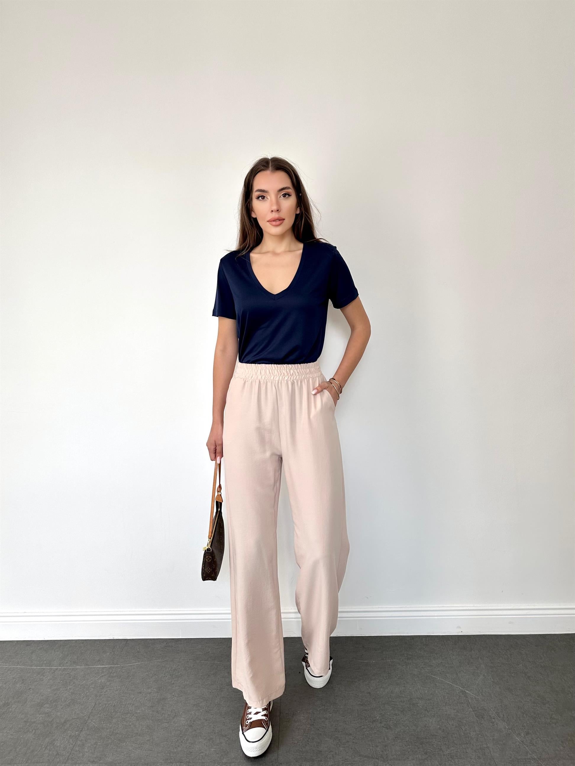 Taş Rengi  Beli Lastikli Geniş Paça Pantolon