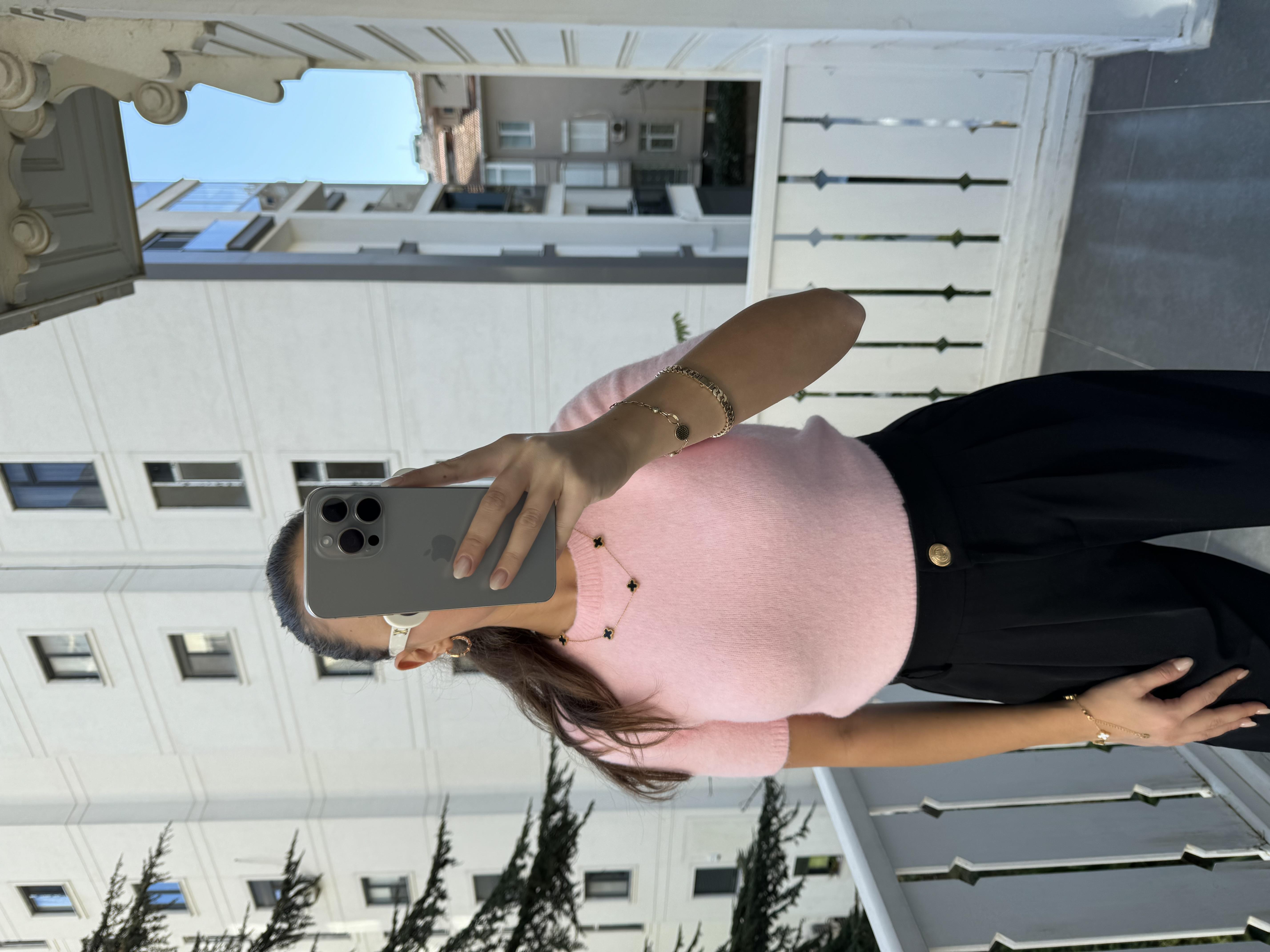 Toz Pembe Yumuşak Doku Kısa Kol Triko Kazak