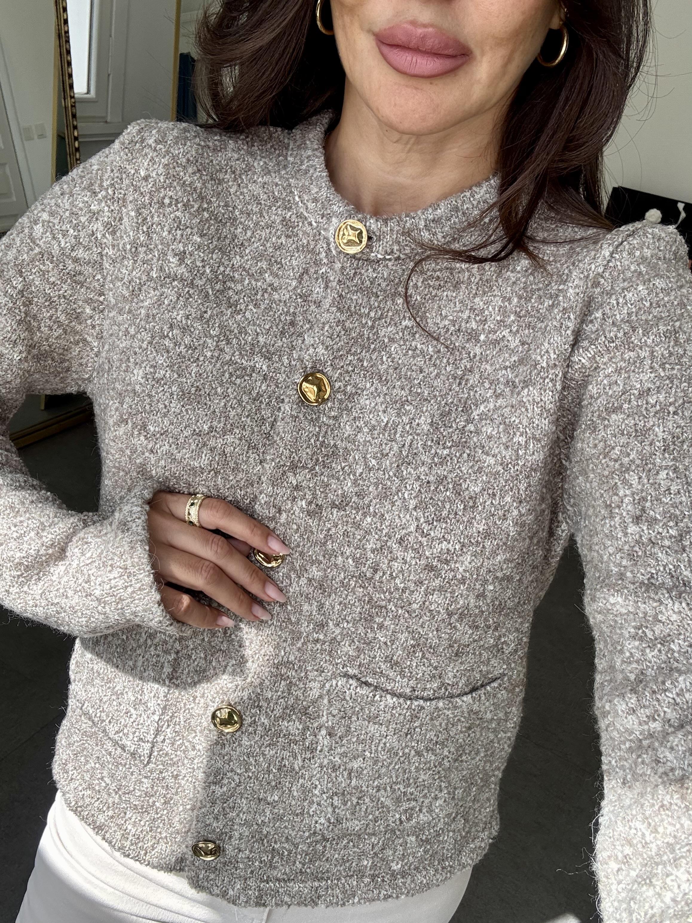 Vizon Bisiklet Yaka Buklet Cepli Düğmeli Triko Hırka