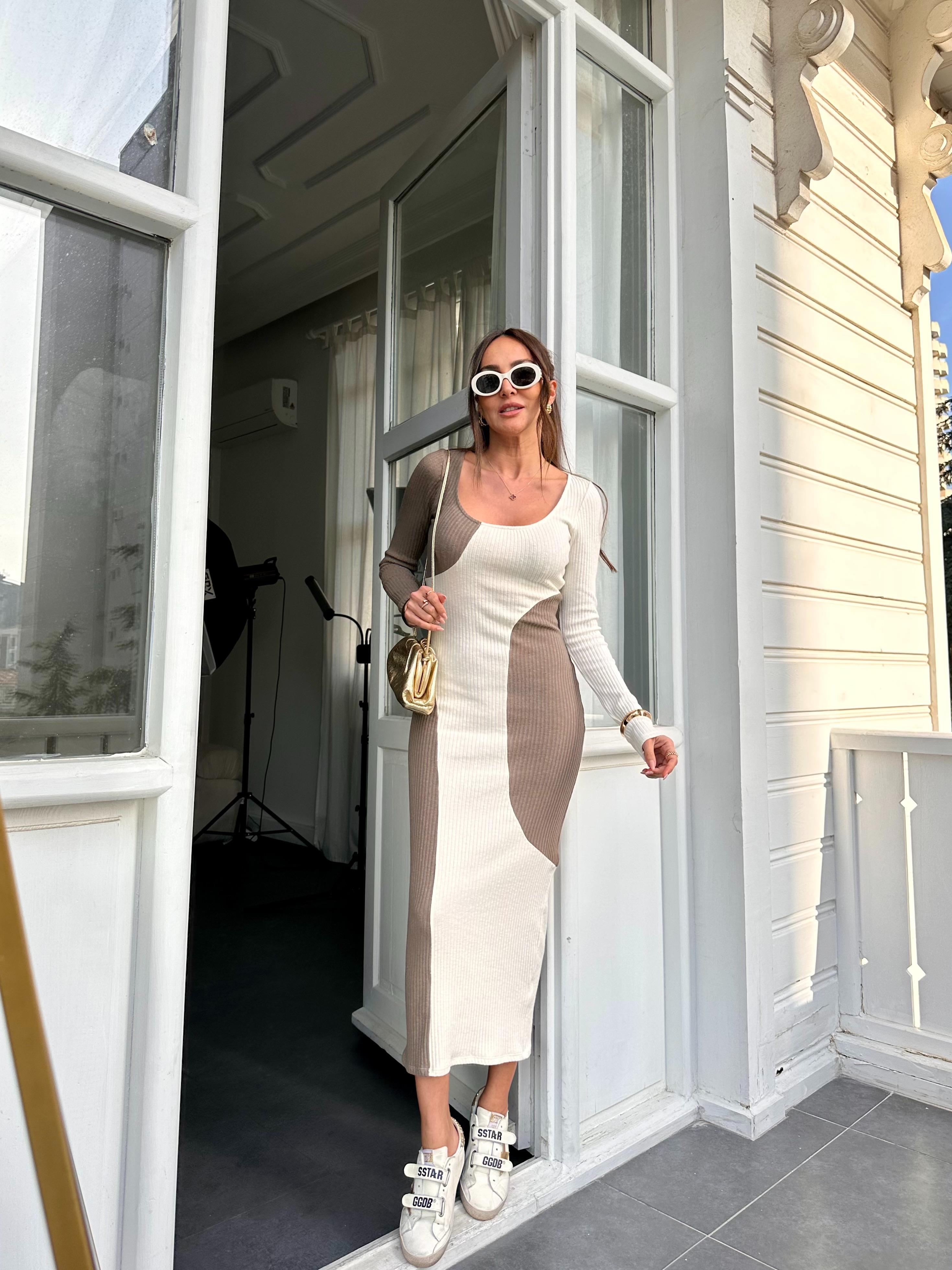 Vizon Ekru Desenli Elbise