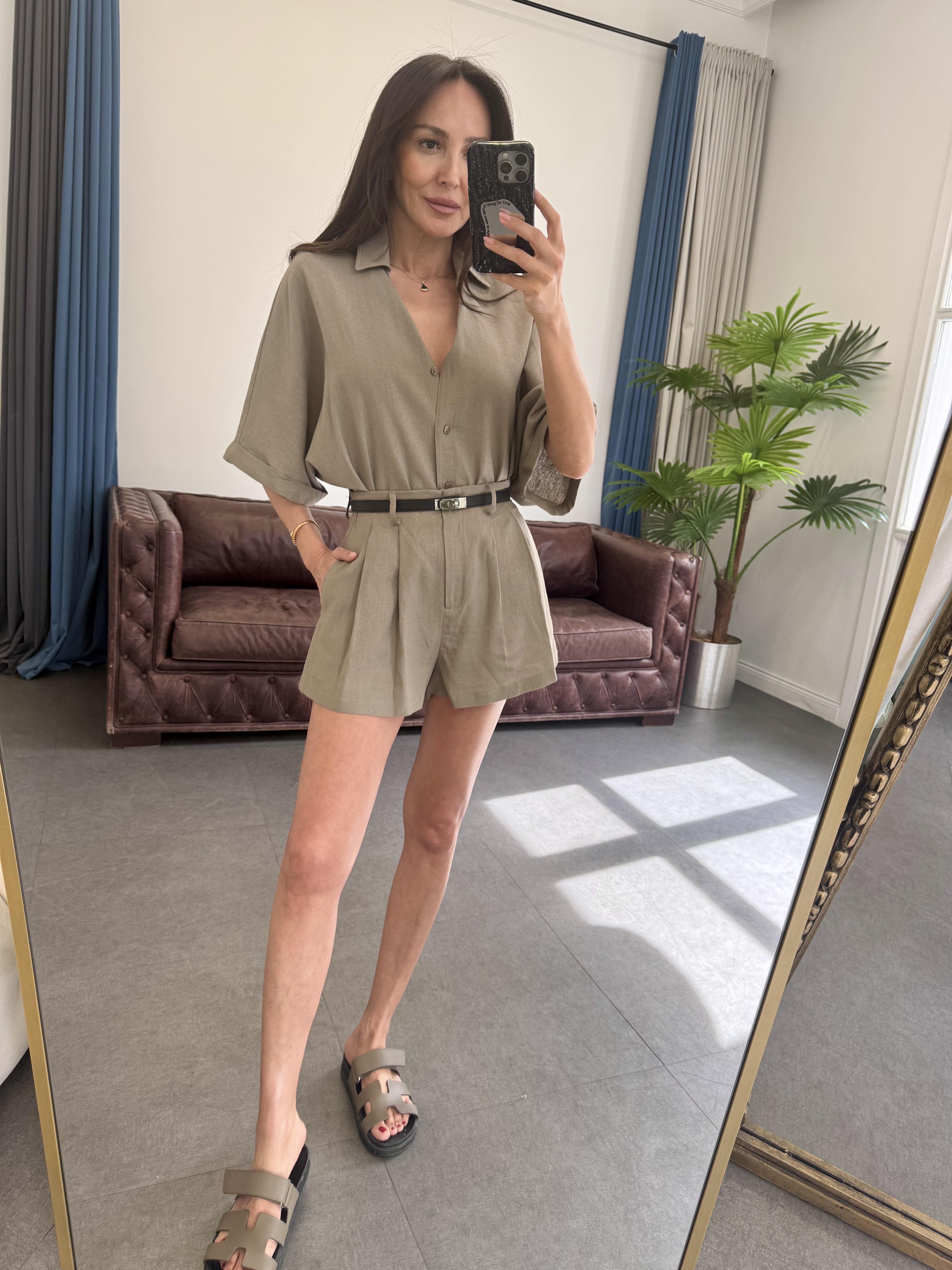 Vizon Hasır Kemerli Gömlek Şort Takım