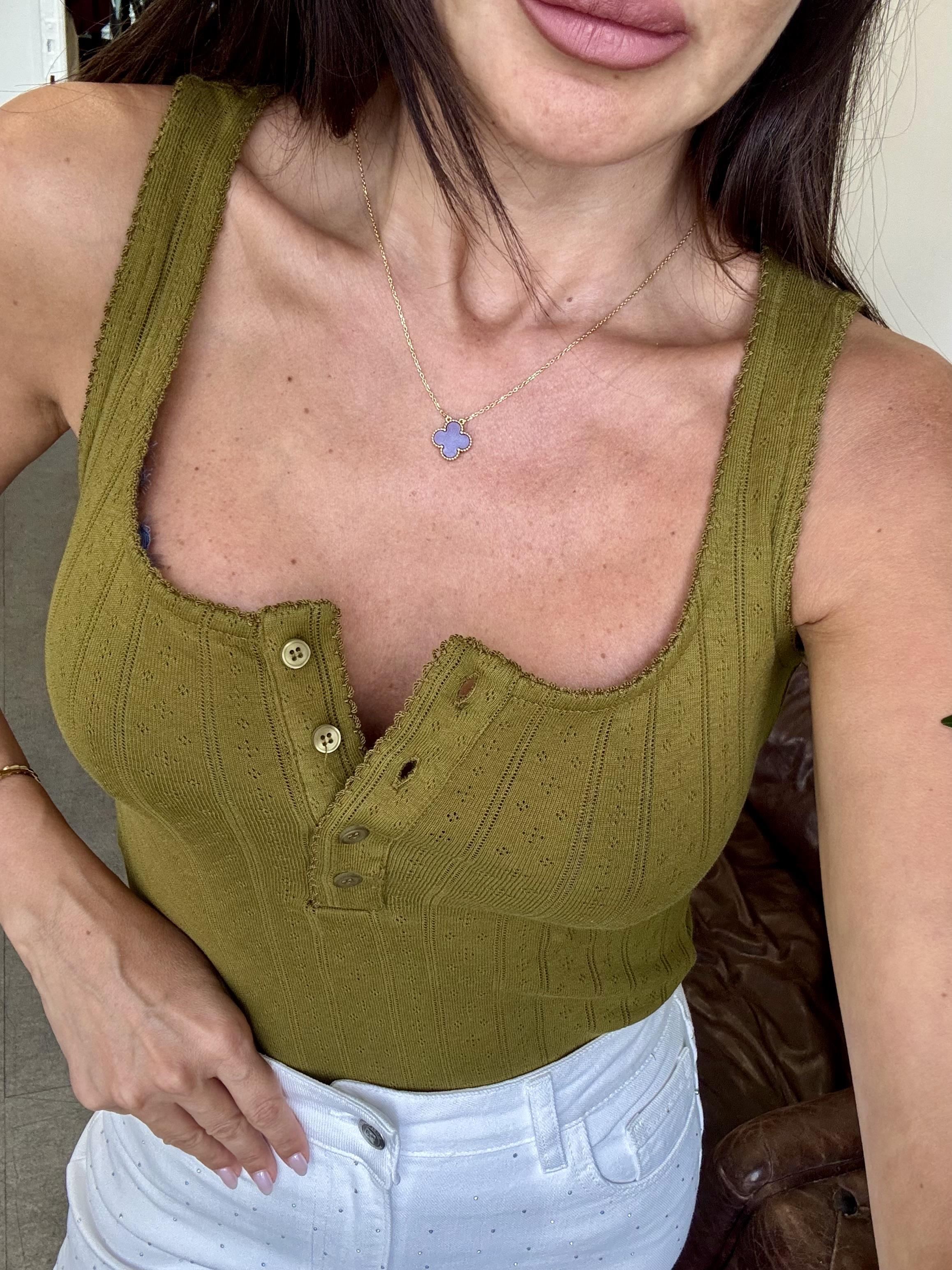 Yağ Yeşili Düğmeli Kare Yaka Bluz