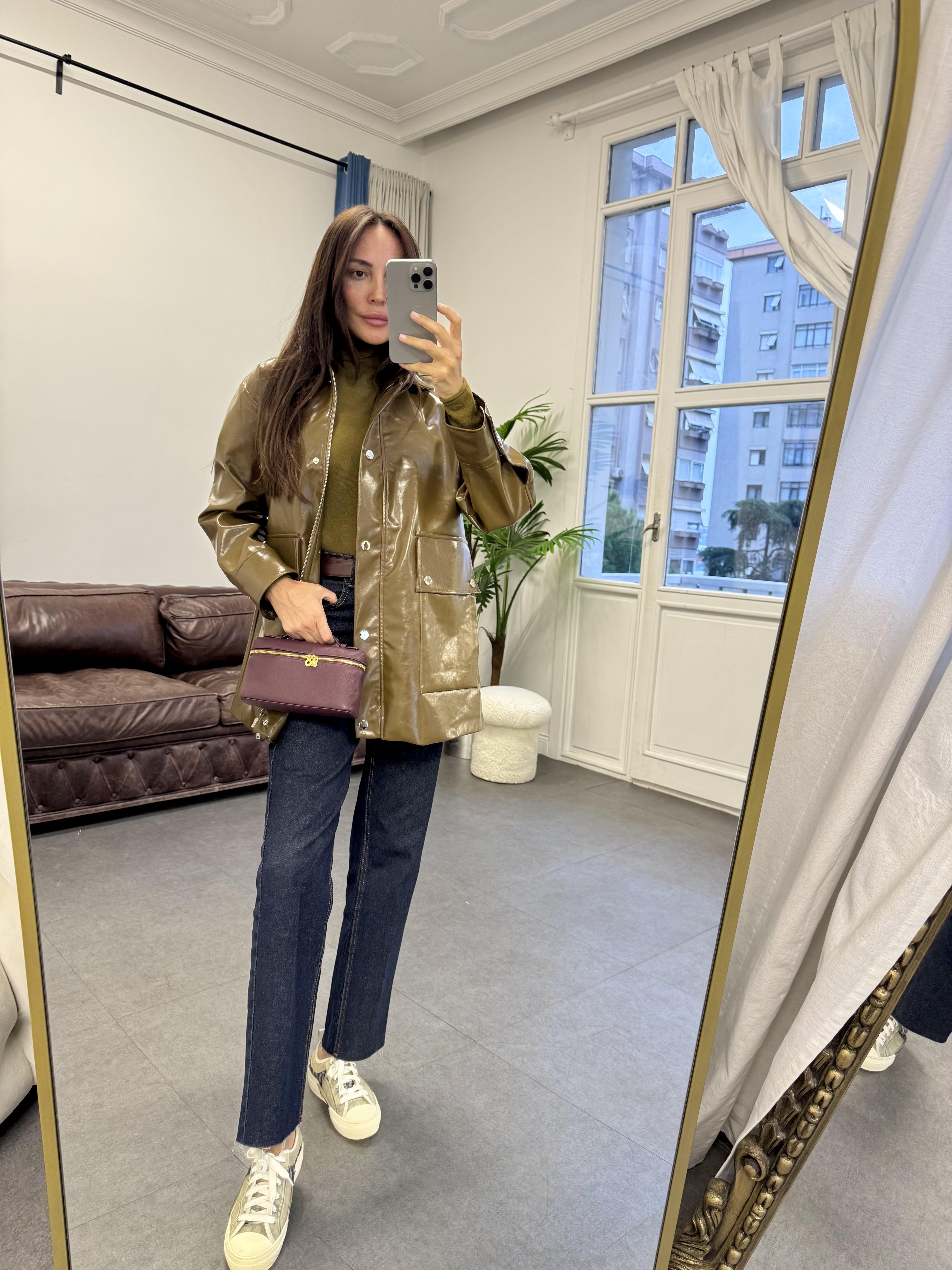 Yağ Yeşili Parlak 2 Cepli Deri Ceket