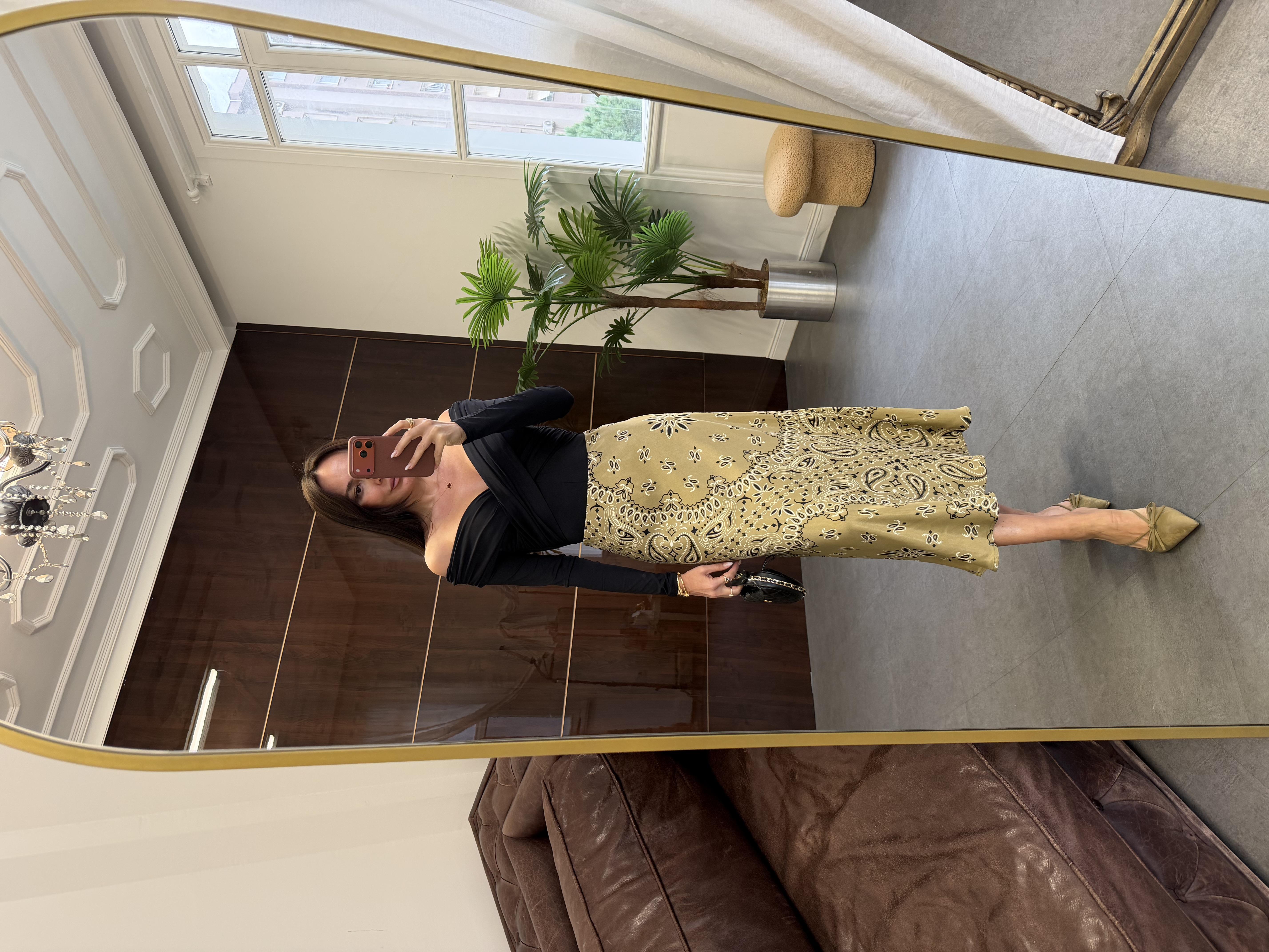 Yağ Yeşili Şal Desenli Verev Etek