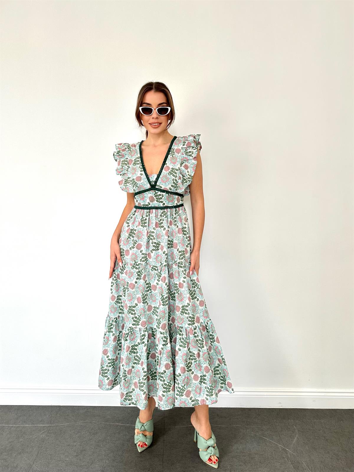 Yeşil  Derin V Yaka Çiçekli Uzun Elbise