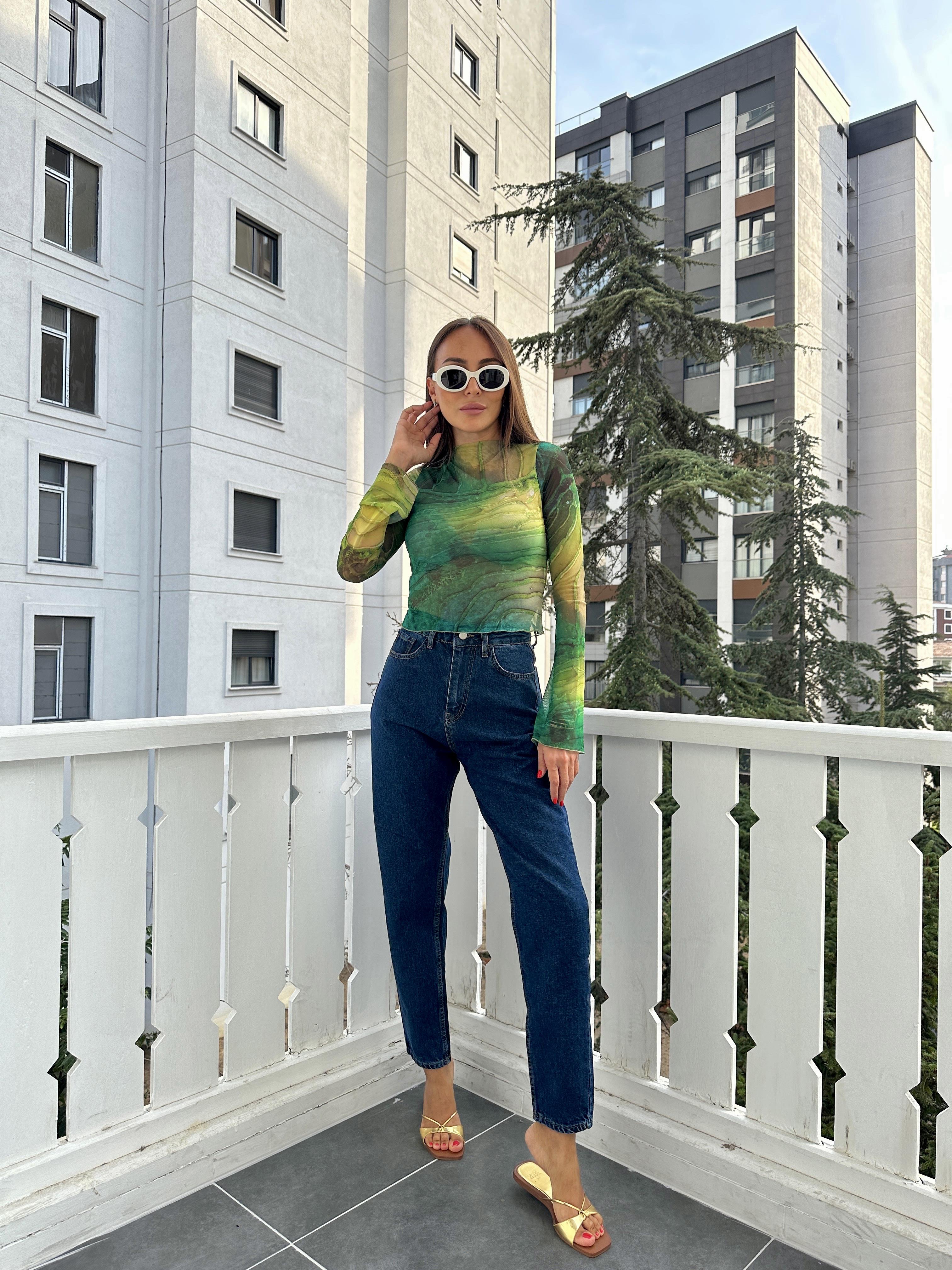 Yeşil Desenli Tül Kadın Bluz