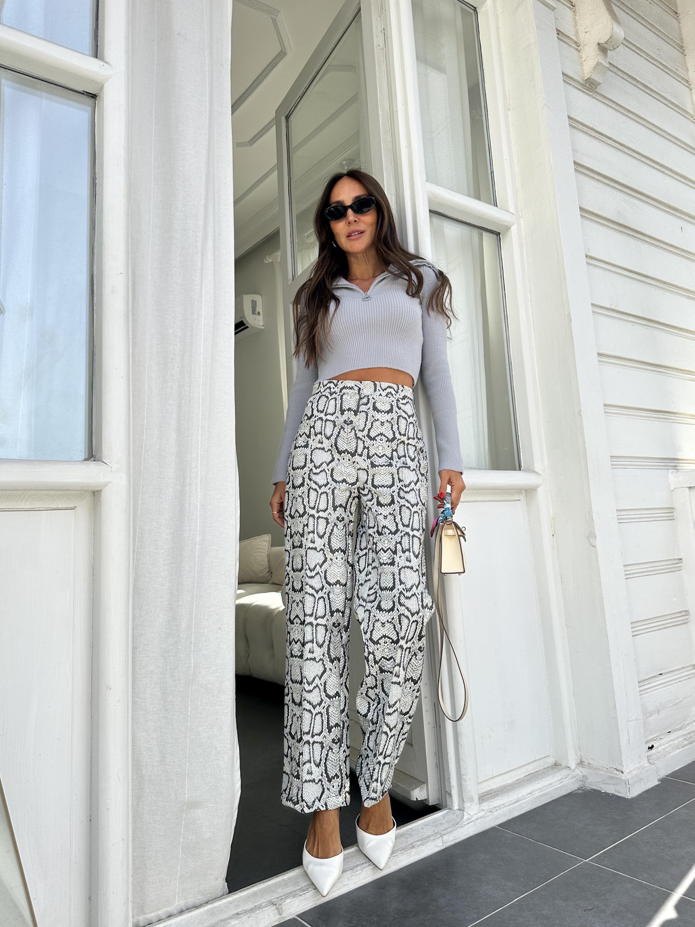 Yılan Derisi Desen Deri Pantolon